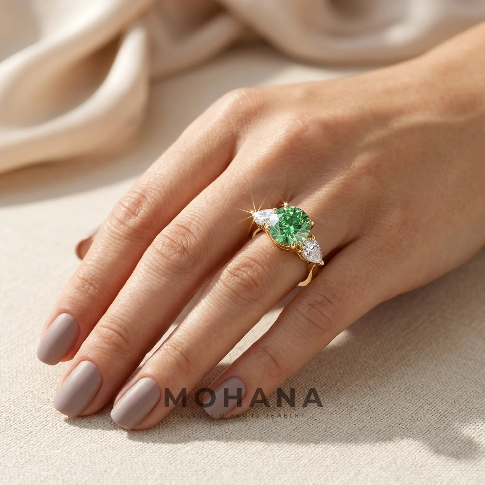 4 Carat Fancy Vivid Green Round & Pear Cut Lab Grown Diamond Three Stone Engagement Ring