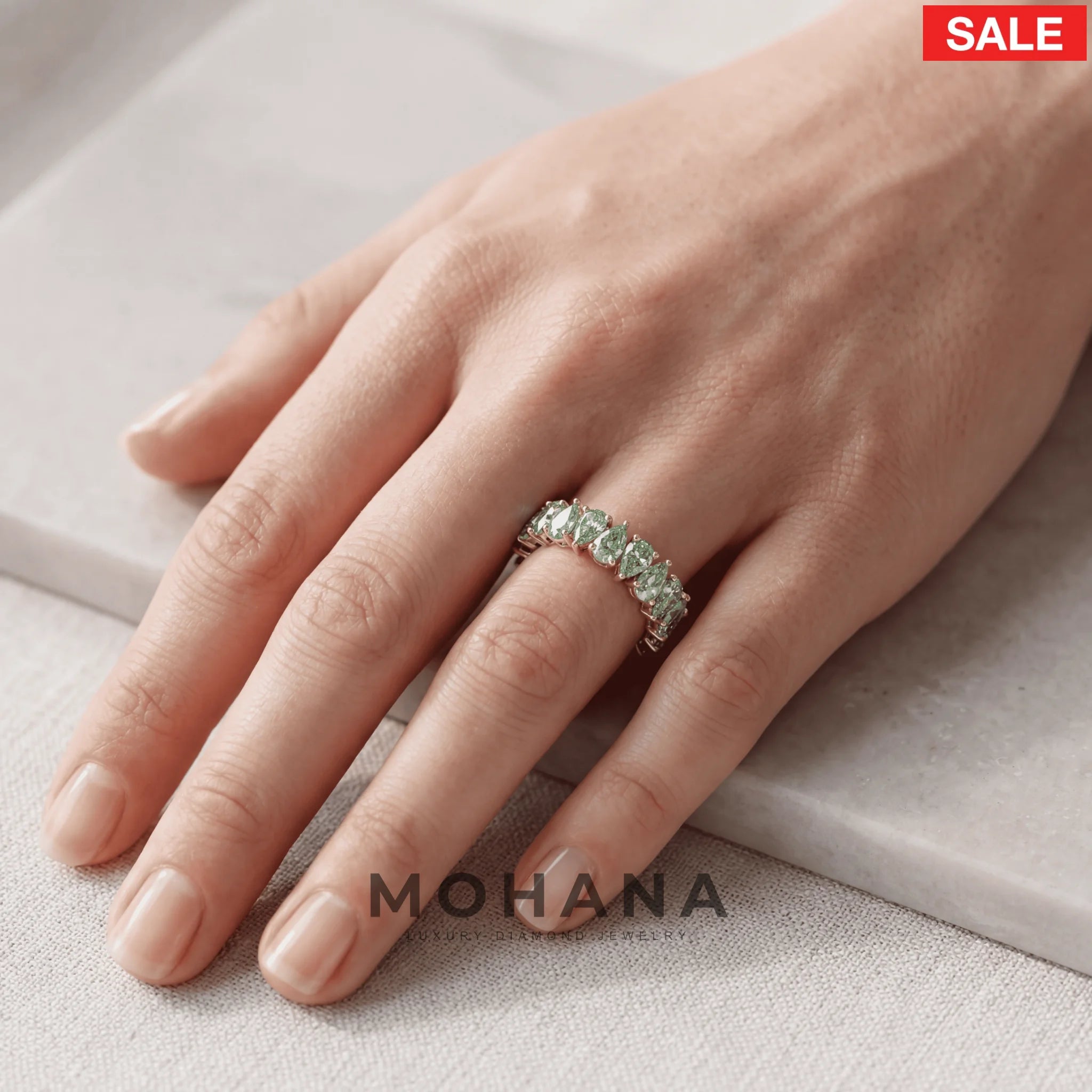 4.4ct Vivid Green Pear Cut Lab Grown Diamond Full Eternity Band - Stackable Ring