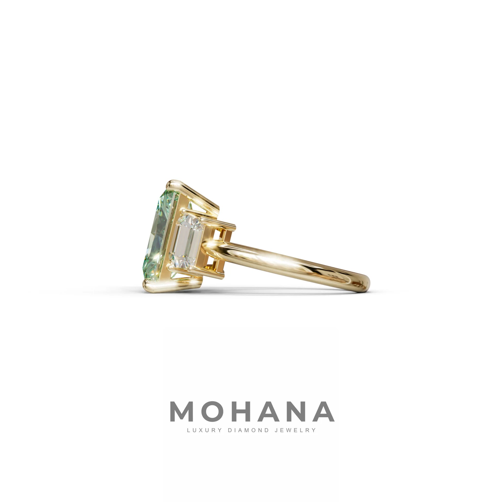 4 Carat Green Radiant & Trapezoid Three Stone Engagement Ring - Embrace