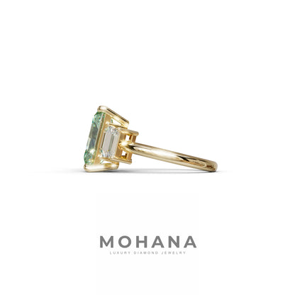 4 Carat Green Radiant & Trapezoid Three Stone Engagement Ring - Embrace