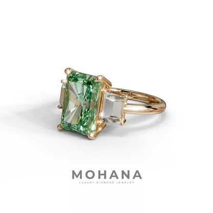 4 Carat Green Radiant & Trapezoid Three Stone Engagement Ring - Embrace