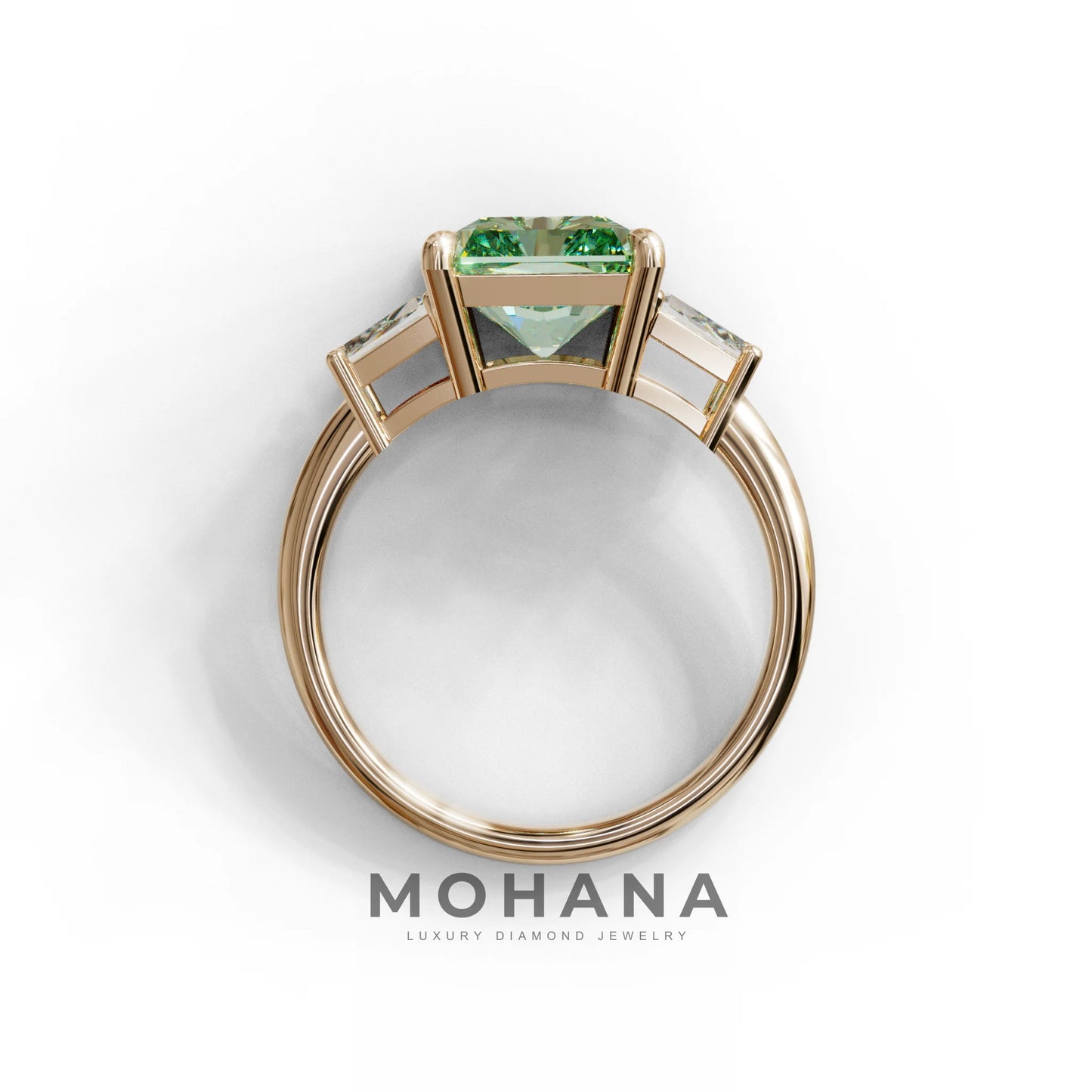 4 Carat Green Radiant & Trapezoid Three Stone Engagement Ring - Embrace