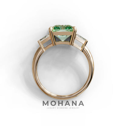 4 Carat Green Radiant & Trapezoid Three Stone Engagement Ring - Embrace