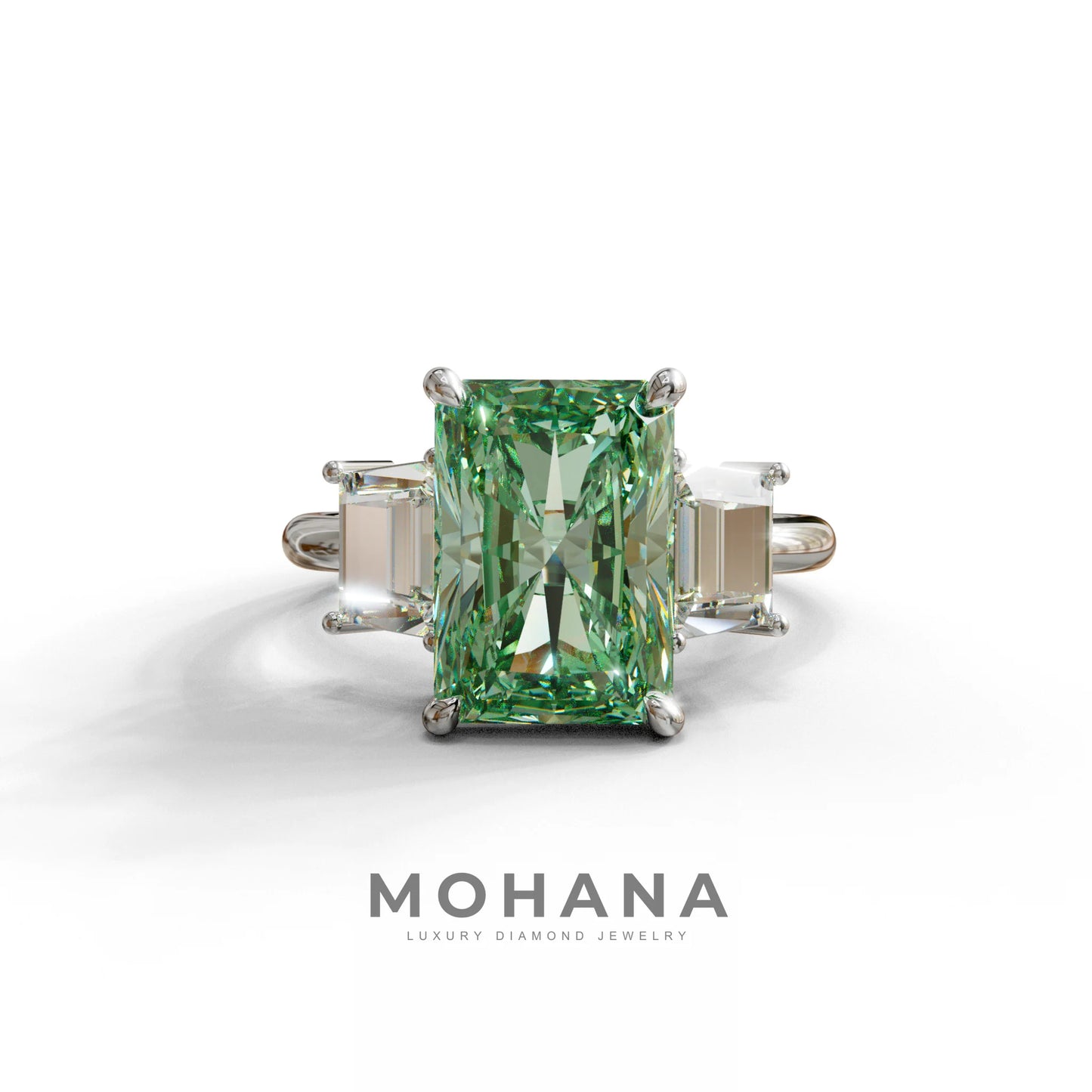 4 Carat Green Radiant & Trapezoid Three Stone Engagement Ring - Embrace - 10K Solid Gold / White Gold