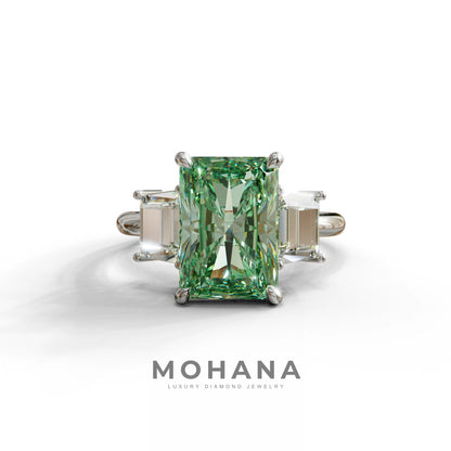 4 Carat Green Radiant & Trapezoid Three Stone Engagement Ring - Embrace - 10K Solid Gold / White Gold