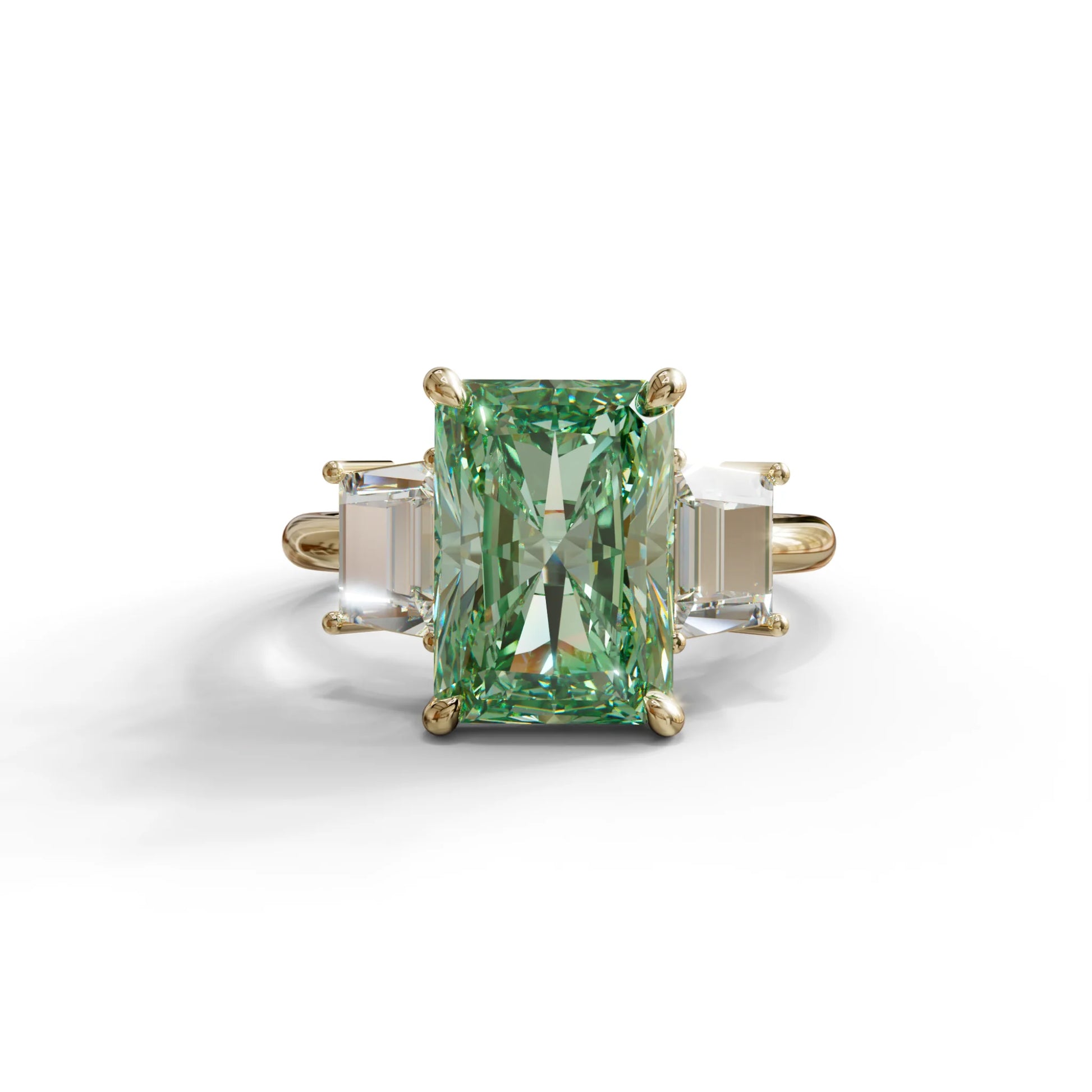 4 Carat Green Radiant & Trapezoid Three Stone Engagement Ring - Embrace - 10K Solid Gold / Yellow Gold