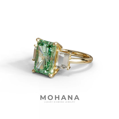 4 Carat Green Radiant & Trapezoid Three Stone Engagement Ring - Embrace