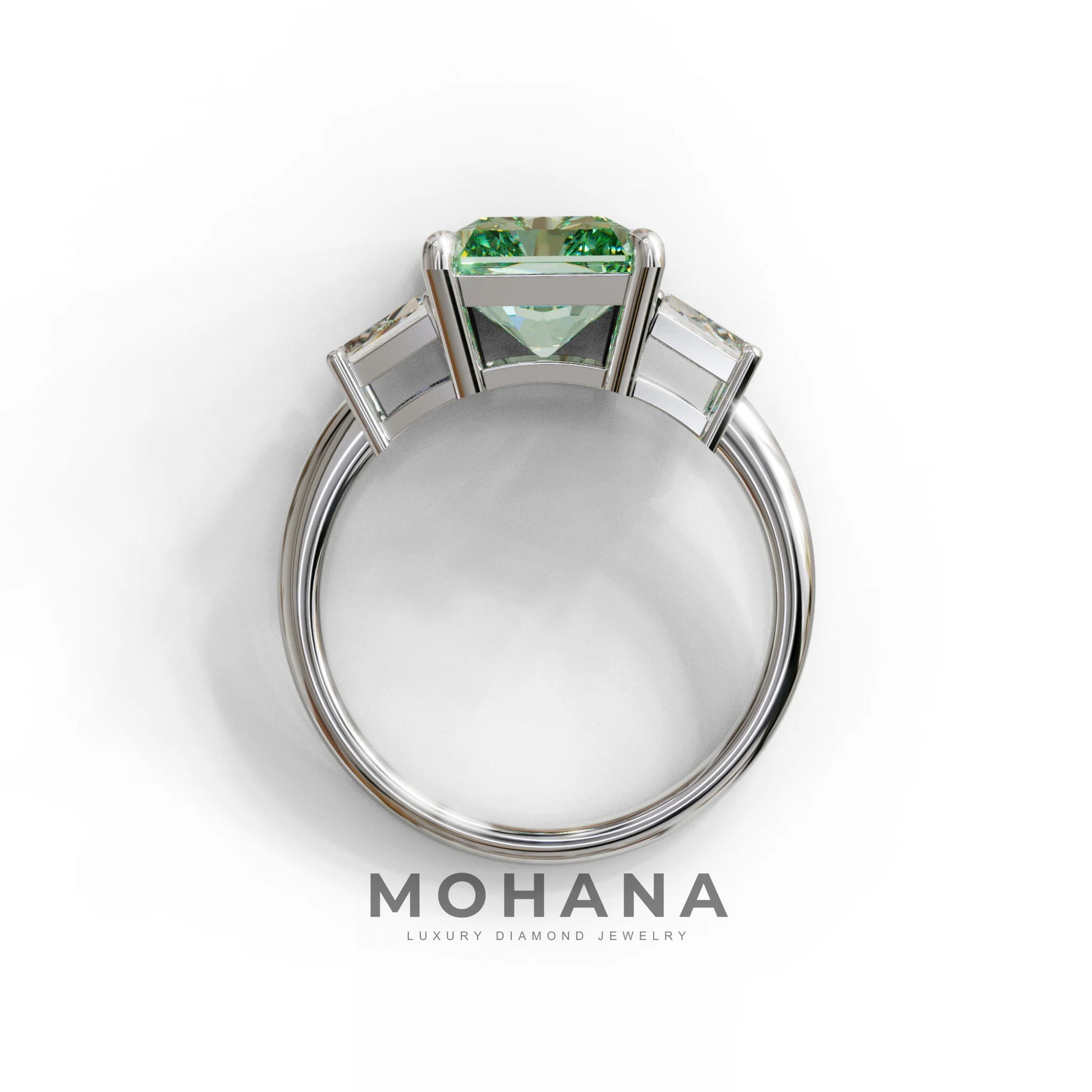 4 Carat Green Radiant & Trapezoid Three Stone Engagement Ring - Embrace