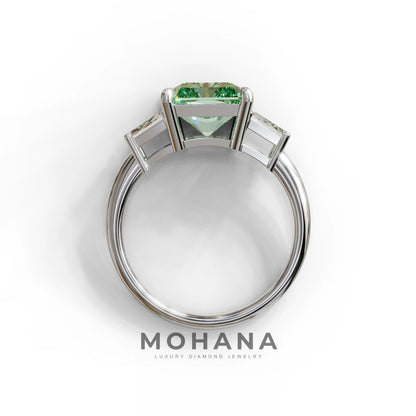 4 Carat Green Radiant & Trapezoid Three Stone Engagement Ring - Embrace