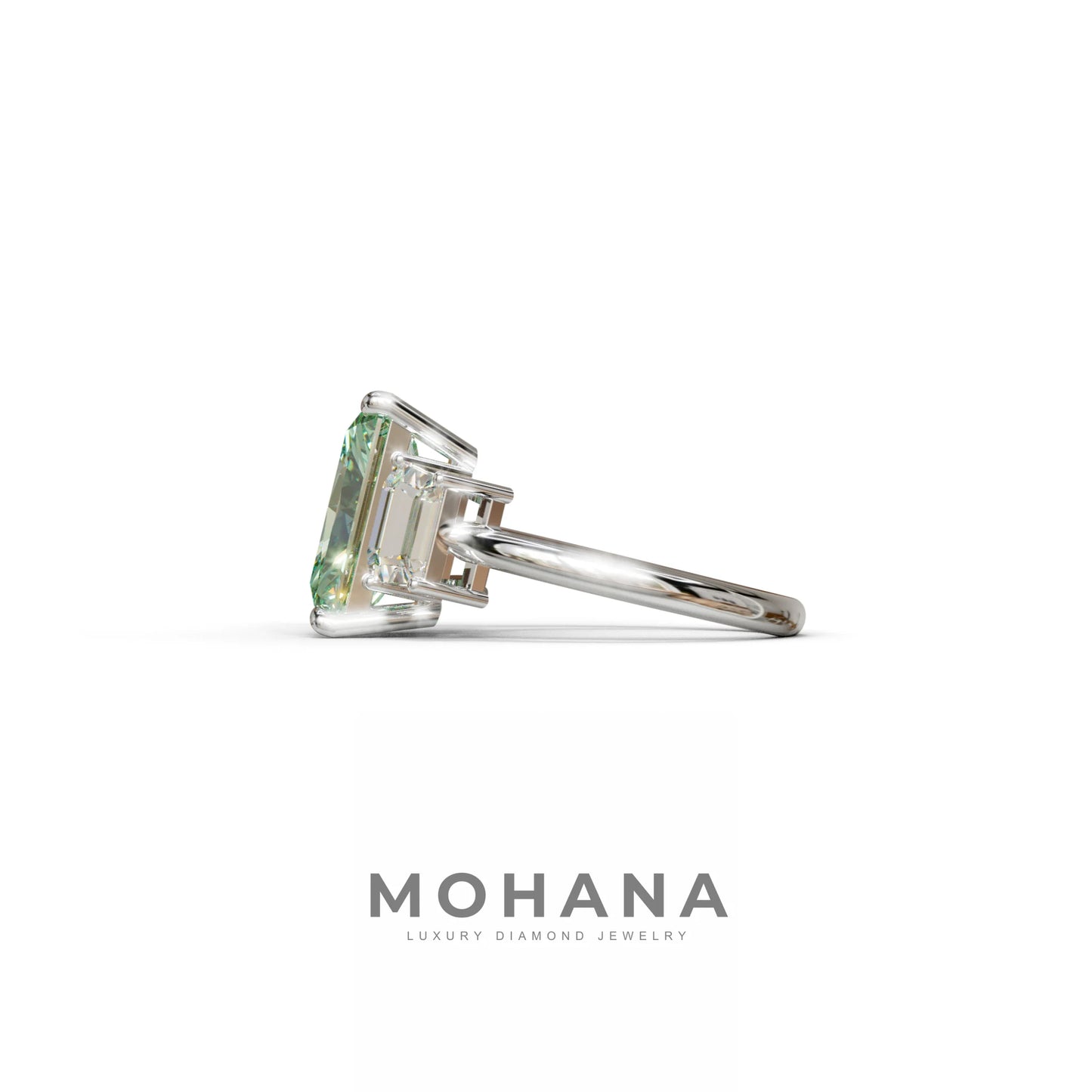 4 Carat Green Radiant & Trapezoid Three Stone Engagement Ring - Embrace