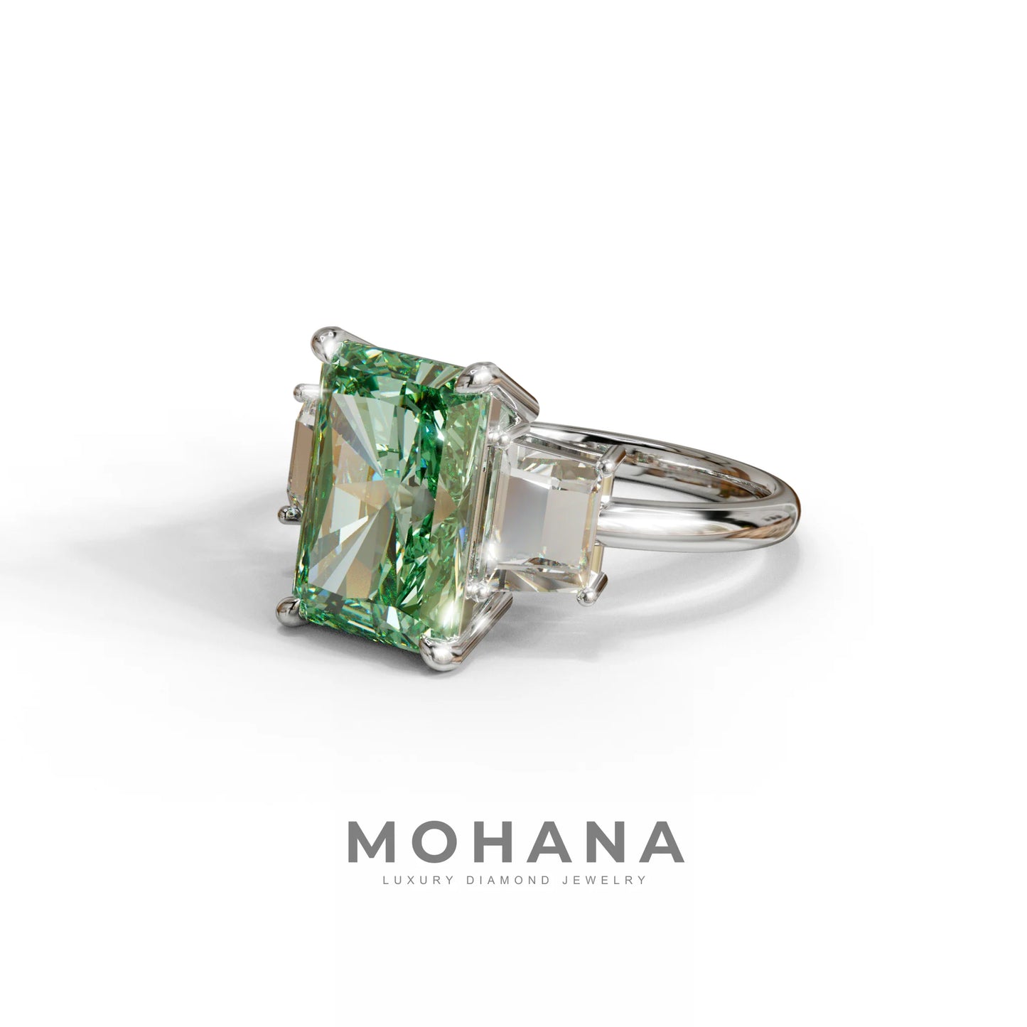 4 Carat Green Radiant & Trapezoid Three Stone Engagement Ring - Embrace