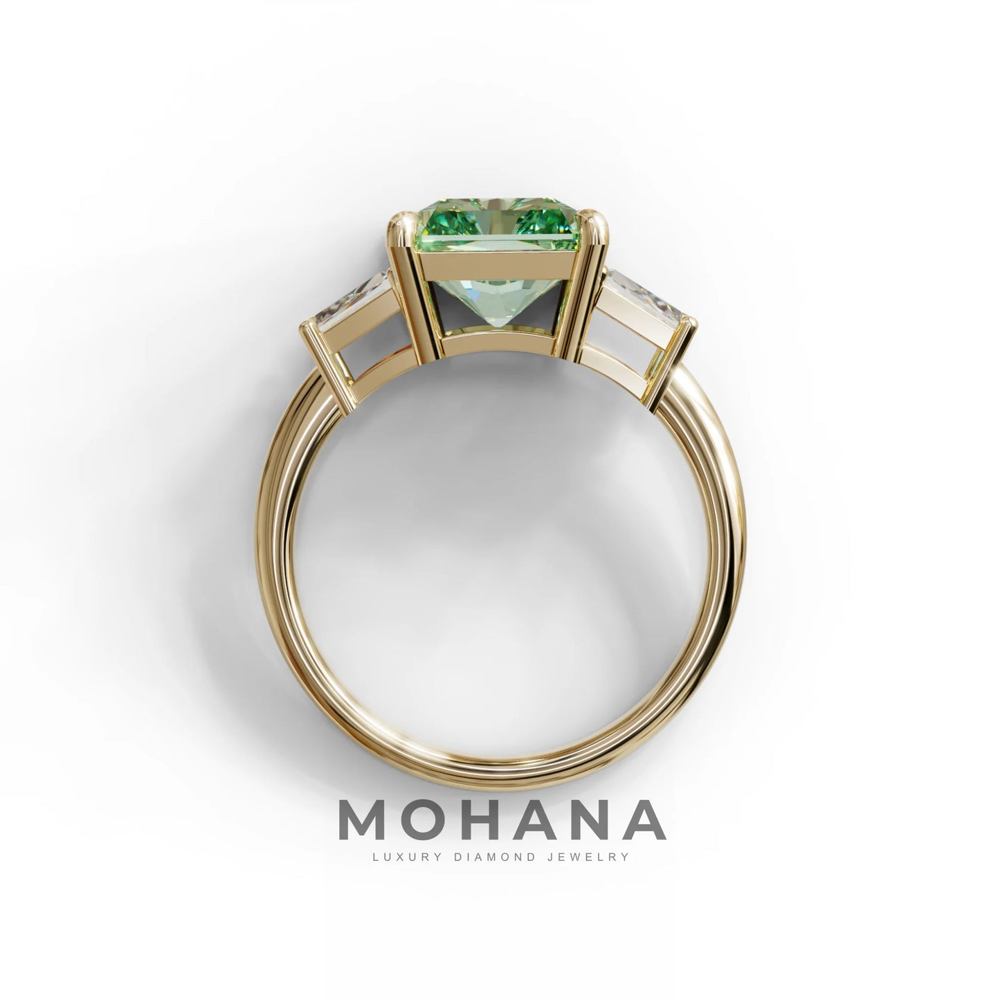 4 Carat Green Radiant & Trapezoid Three Stone Engagement Ring - Embrace