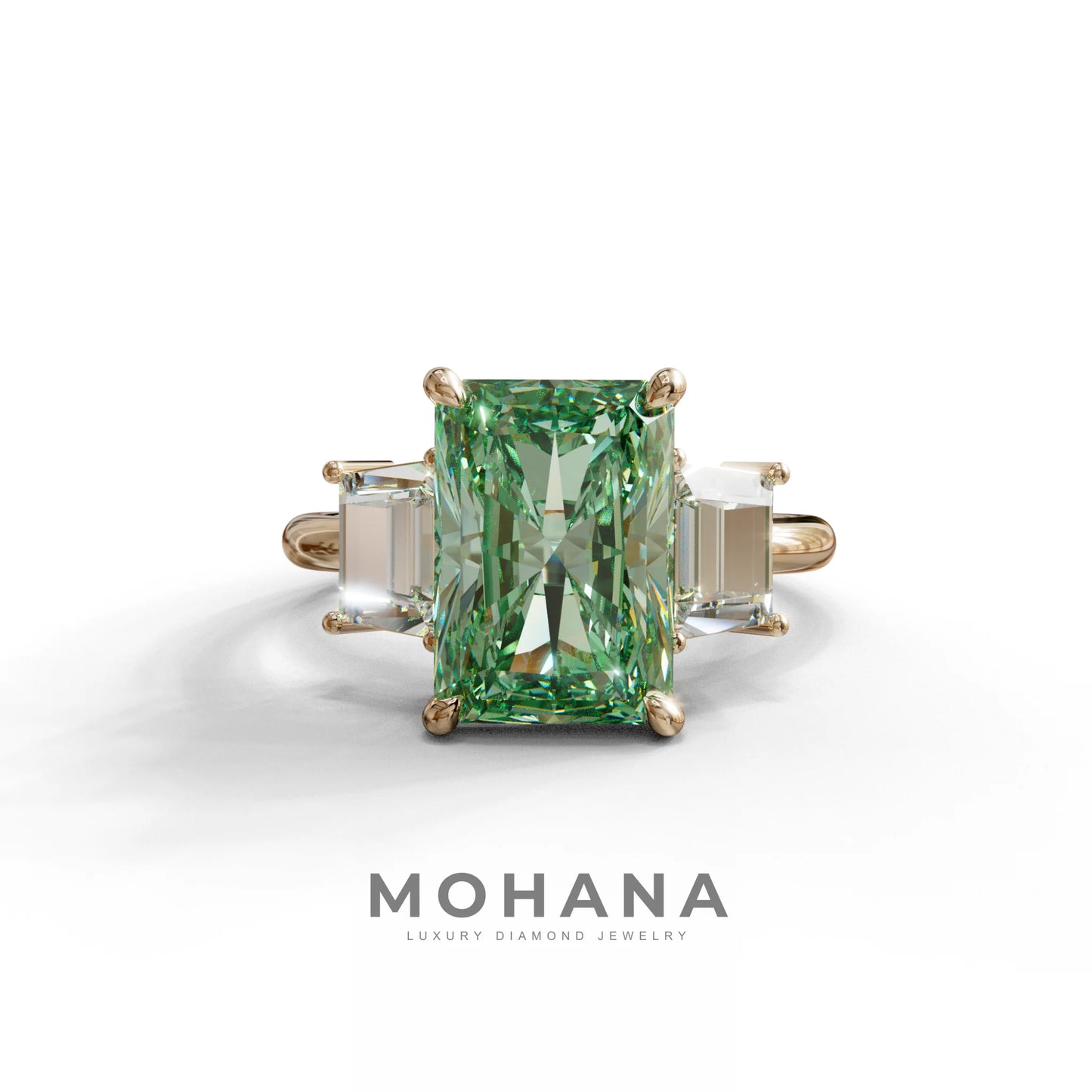 4 Carat Green Radiant & Trapezoid Three Stone Engagement Ring - Embrace - 10K Solid Gold / Rose Gold