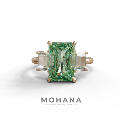 4 Carat Green Radiant & Trapezoid Three Stone Engagement Ring - Embrace - 10K Solid Gold / Rose Gold