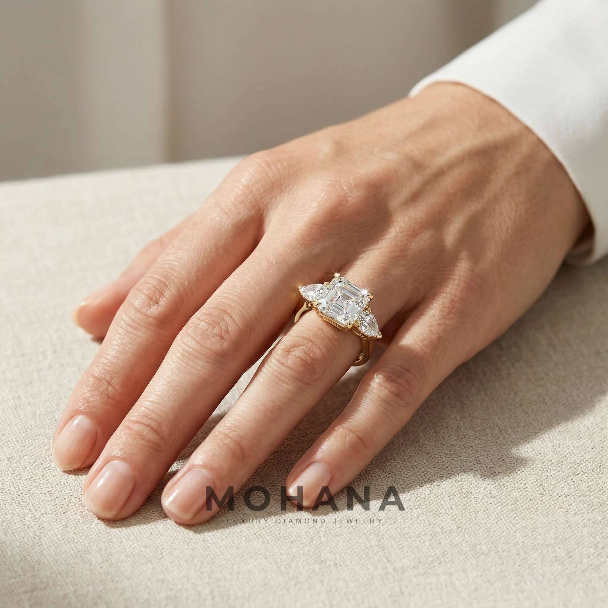 4 Carat E/VVS Asscher Cut Three Stone Lab Grown Diamond Engagement Ring