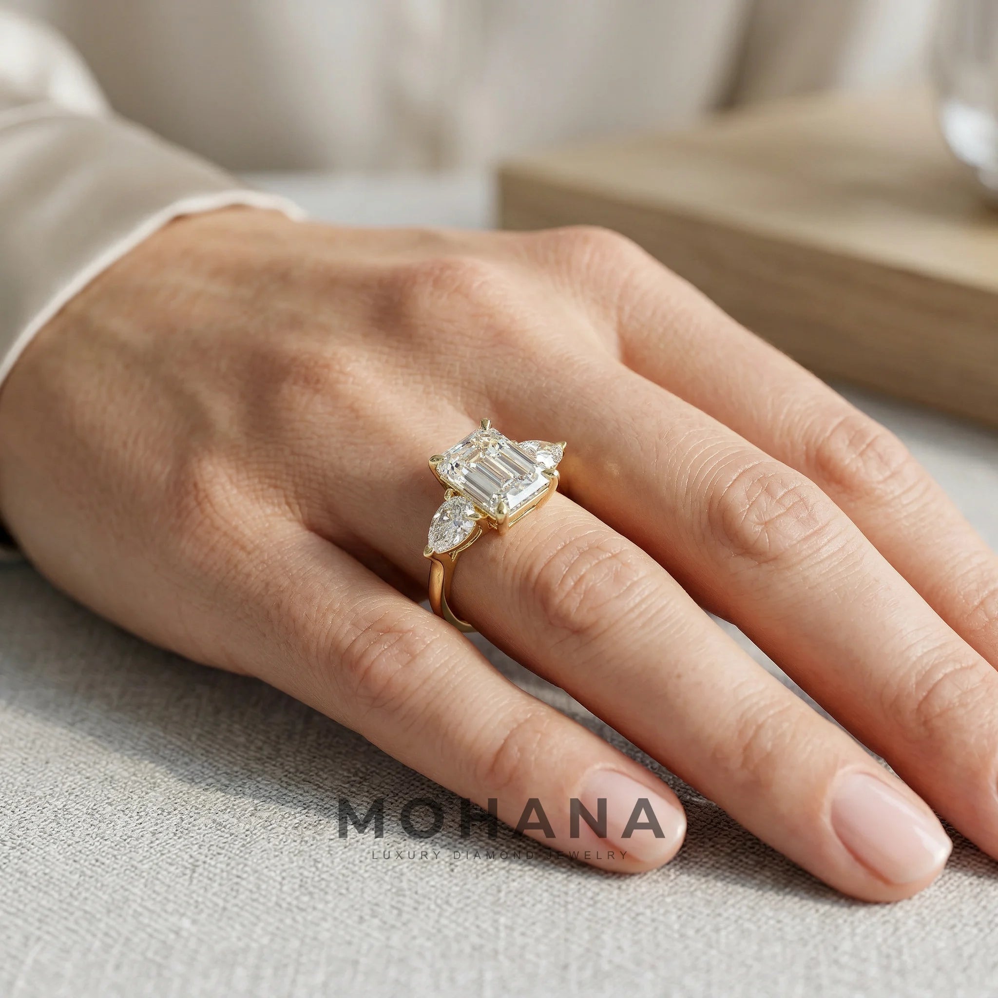 4 Carat E/VVS Emerald & Pear Cut Three Stone Lab Grown Diamond Engagement Ring