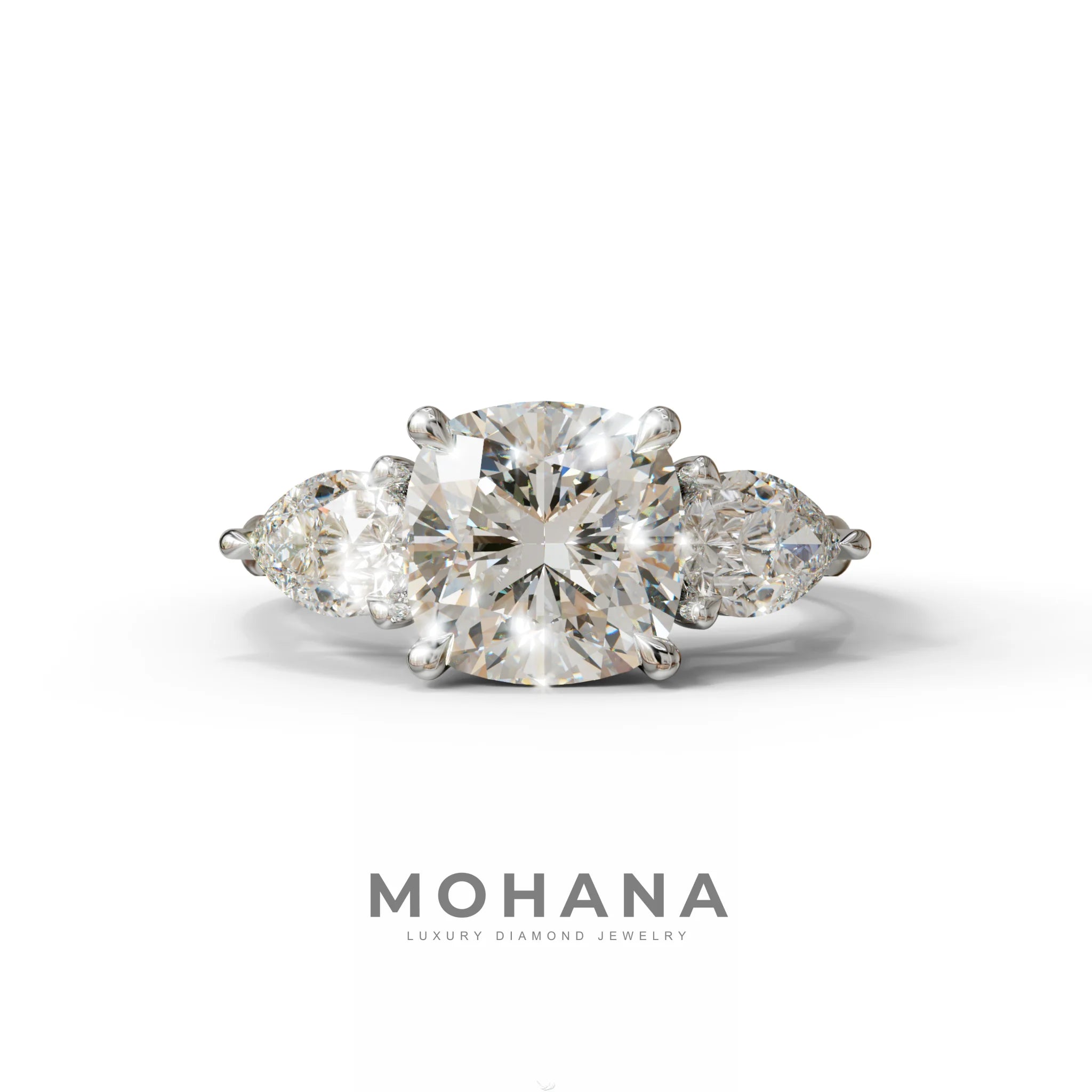 3 Ct E/VVS Cushion Cut Lab Diamond In 3 Stones Claw Prongs Setting Ring - 10K Solid Gold / White Gold