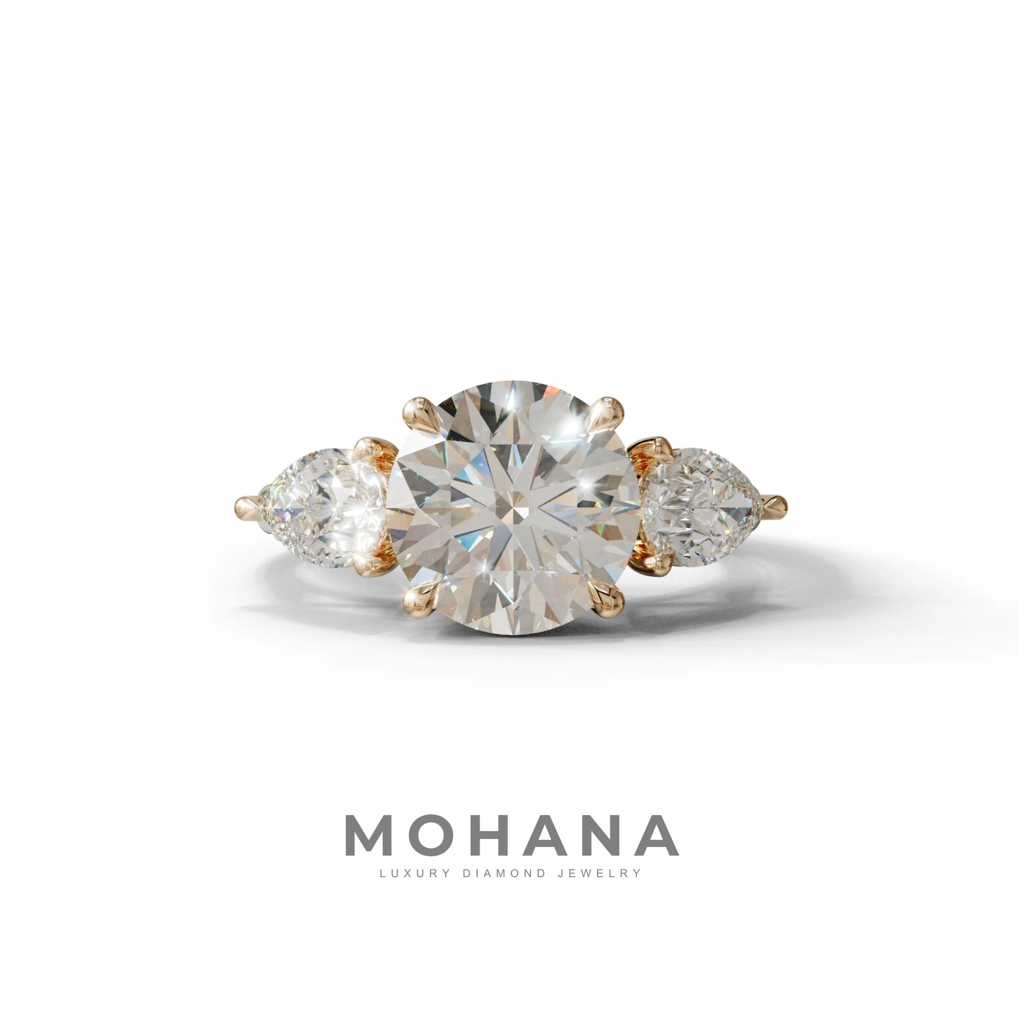 5 Carat E-VVS Round & Pear Cut Three Stone Lab Diamond Ring - Luminous - 10K Solid Gold / Rose Gold