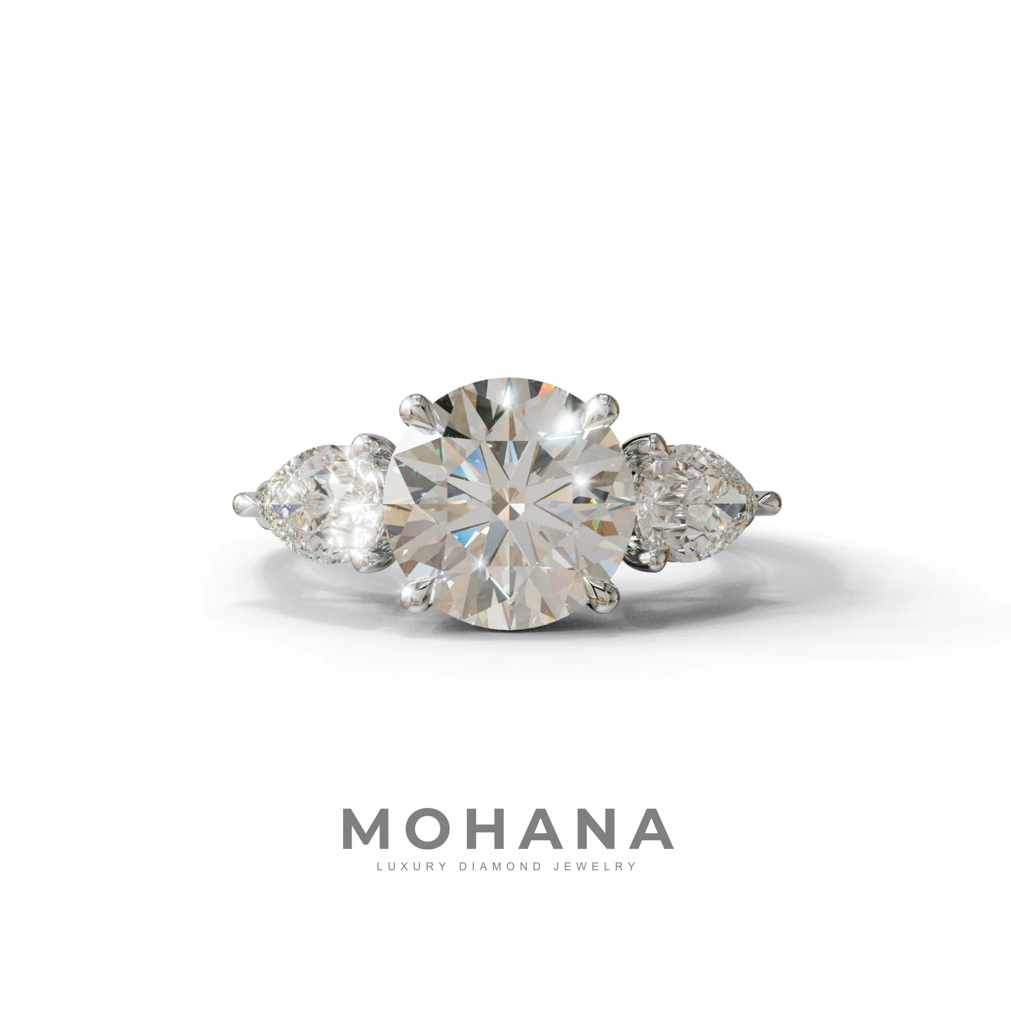 5 Carat E-VVS Round & Pear Cut Three Stone Lab Diamond Ring - Luminous - 10K Solid Gold / White Gold