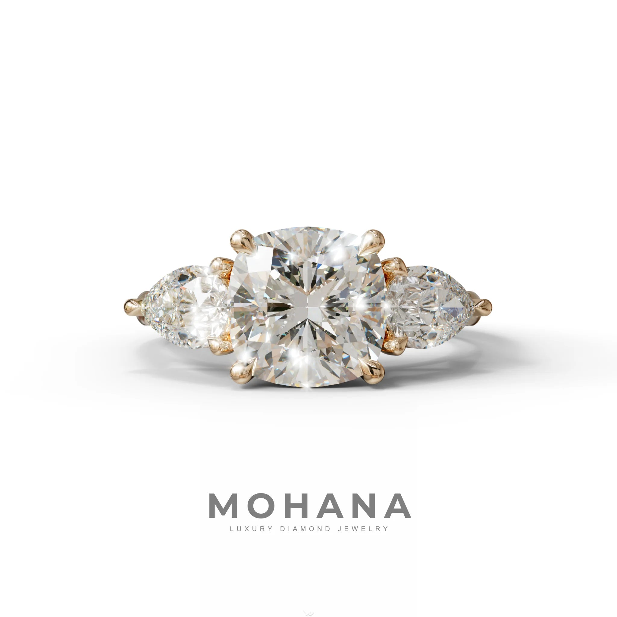 3 Ct E/VVS Cushion Cut Lab Diamond In 3 Stones Claw Prongs Setting Ring - 10K Solid Gold / Rose Gold