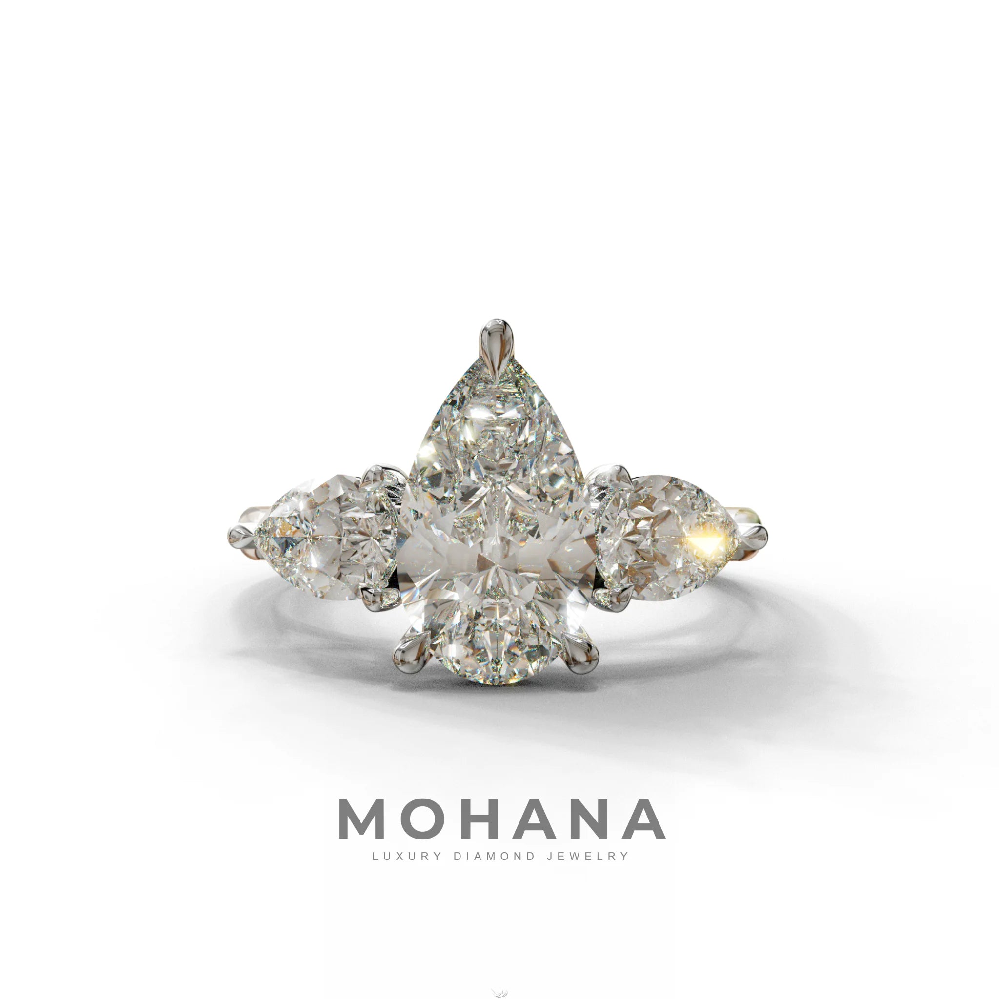 3 Carat E-VVS Pear Cut Lab Diamond In 3 Stones Claw Prongs Setting Ring - 10K Solid Gold / White Gold