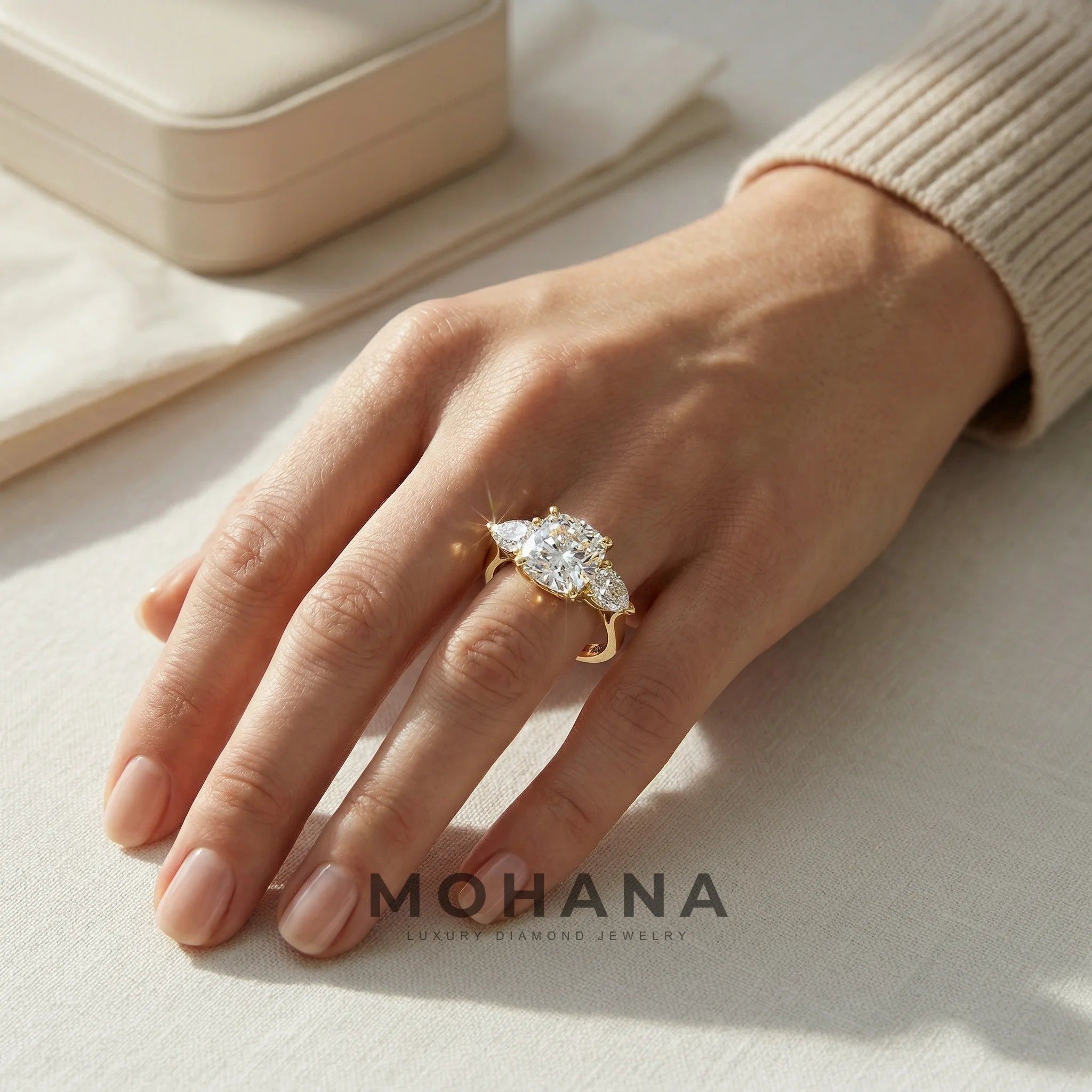 4 Carat E VVS Cushion & Pear Cut Three Stone Lab Grown Diamond Engagement Ring