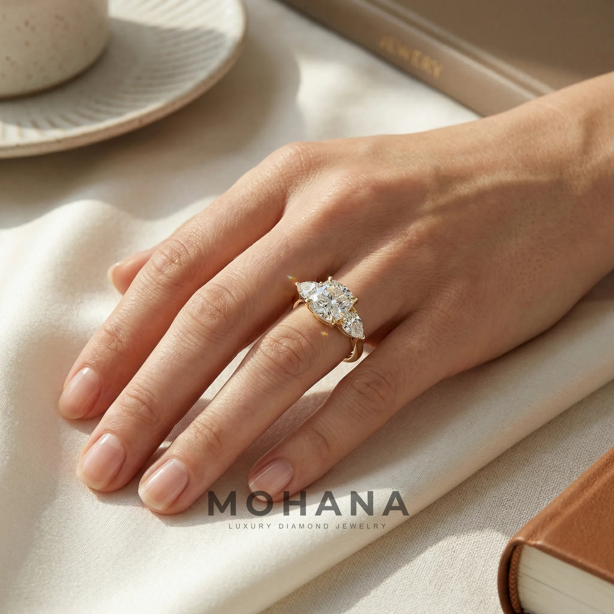4 Carat E VVS Cushion & Pear Cut Three Stone Lab Grown Diamond Engagement Ring
