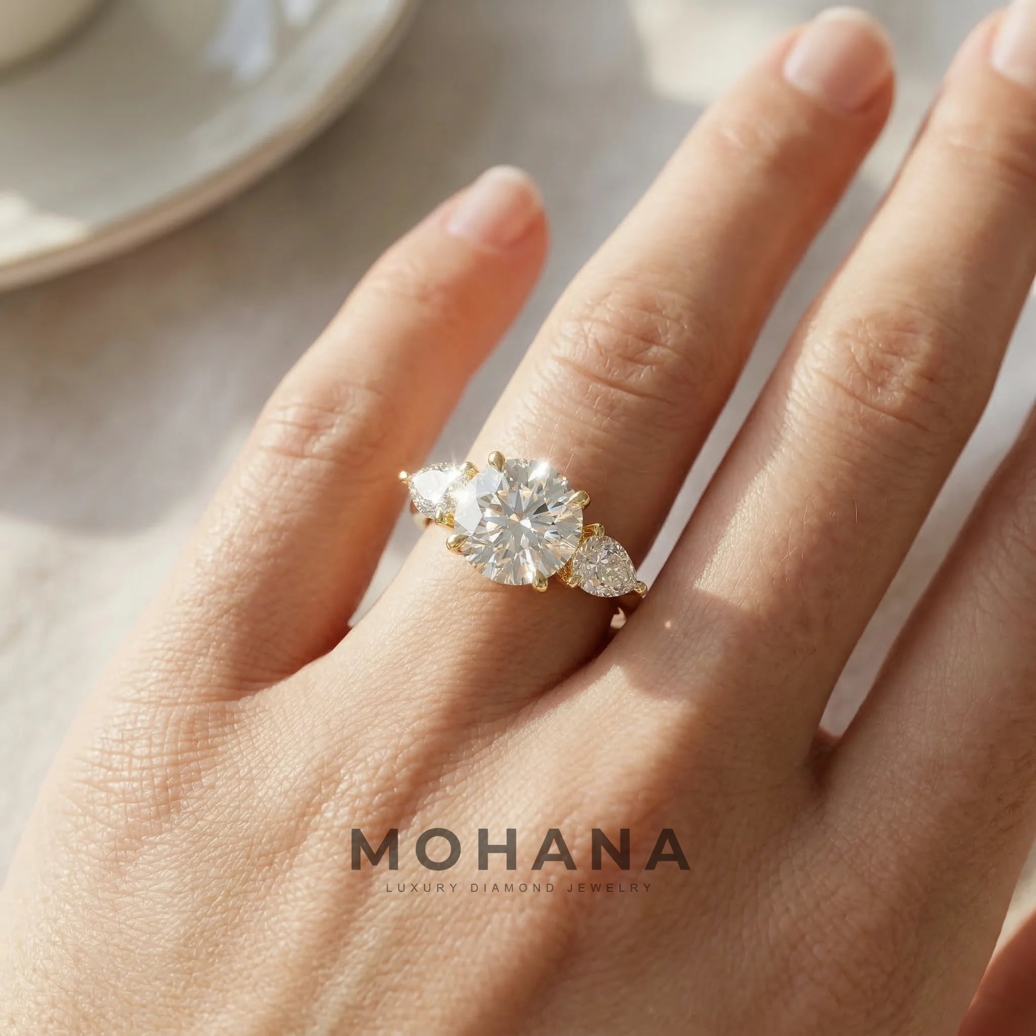 4 Carat E VVS Round & Pear Cut Lab Grown Diamond Three Stone Engagement Ring