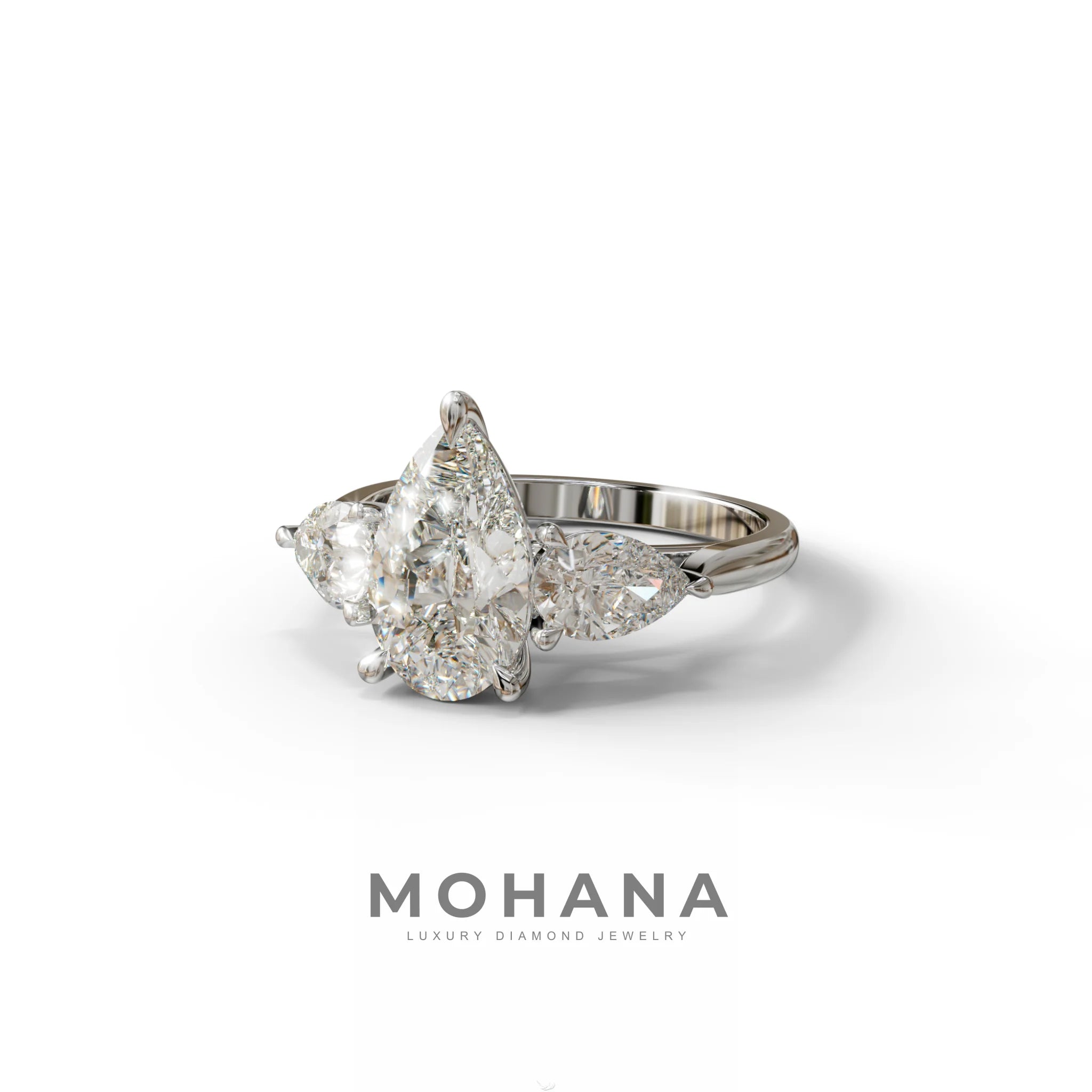 3 Carat E-VVS Pear Cut Lab Diamond In 3 Stones Claw Prongs Setting Ring