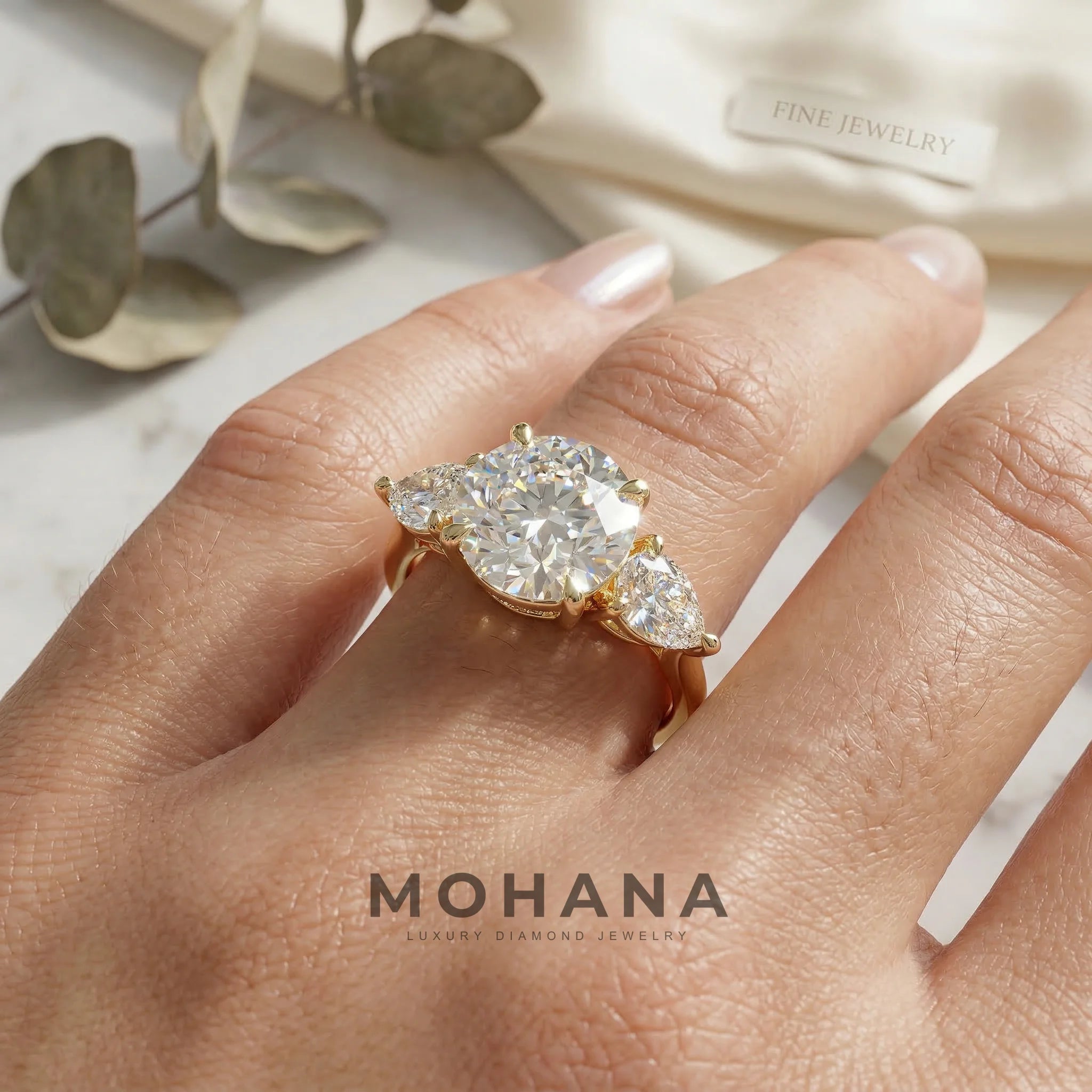 4 Carat E VVS Round & Pear Cut Lab Grown Diamond Three Stone Engagement Ring