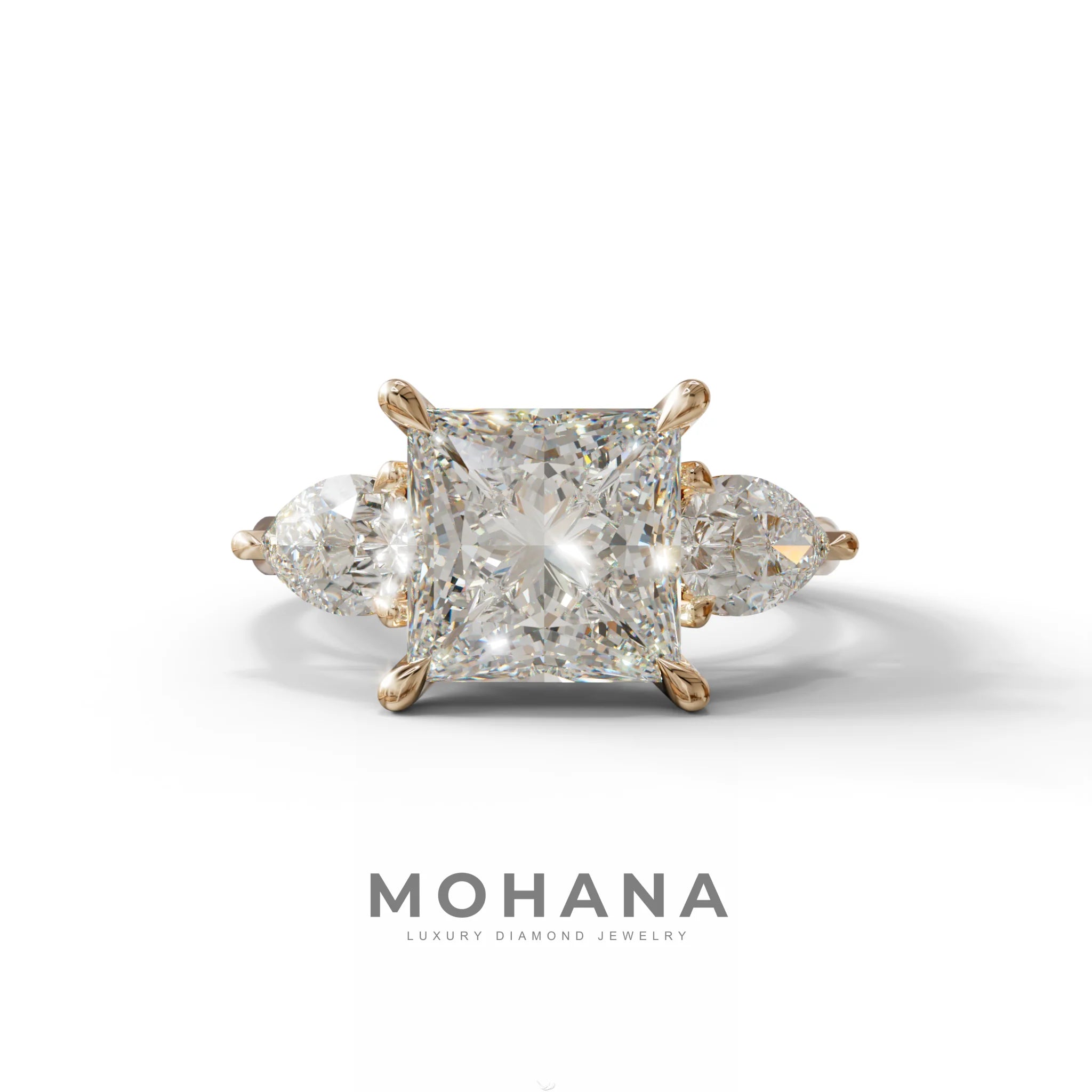 3 Carat E/VVS Princess Cut Lab Diamond In 3 Stones Claw Prongs Setting Ring - 10K Solid Gold / Rose Gold