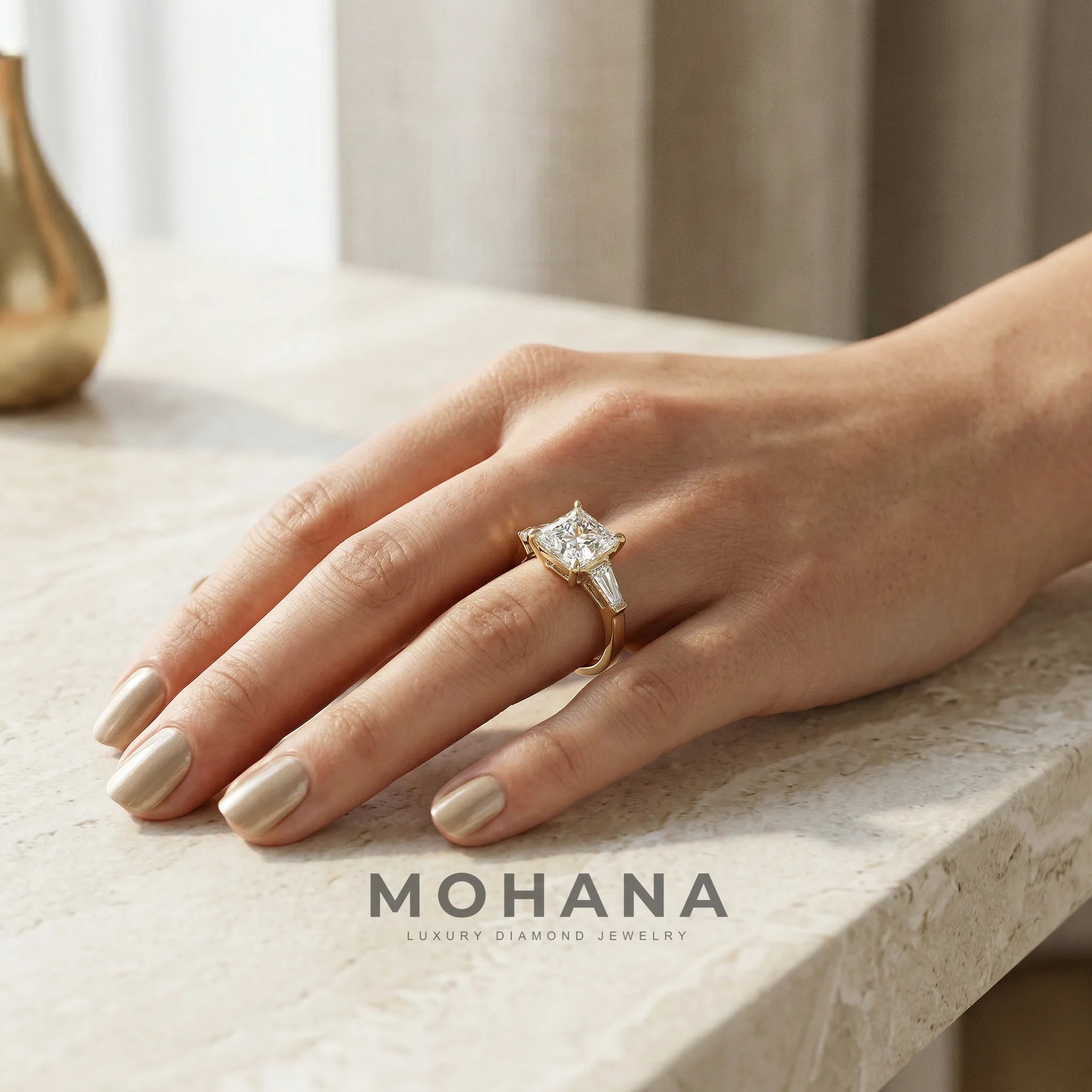 4ct E/VVS Princess & Tapered Baguette Three Stone Lab Diamond Ring - Alluring