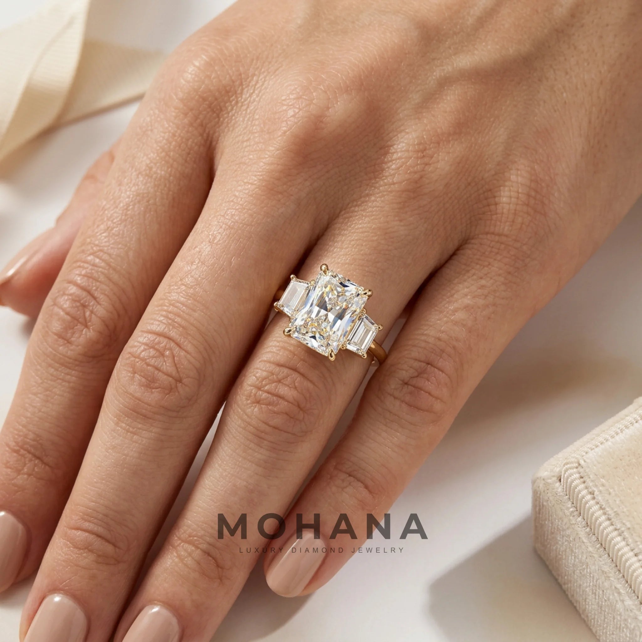 4 Carat E VVS Radiant Lab Grown Diamond Engagement Ring Three Stone Trapezoid Cut