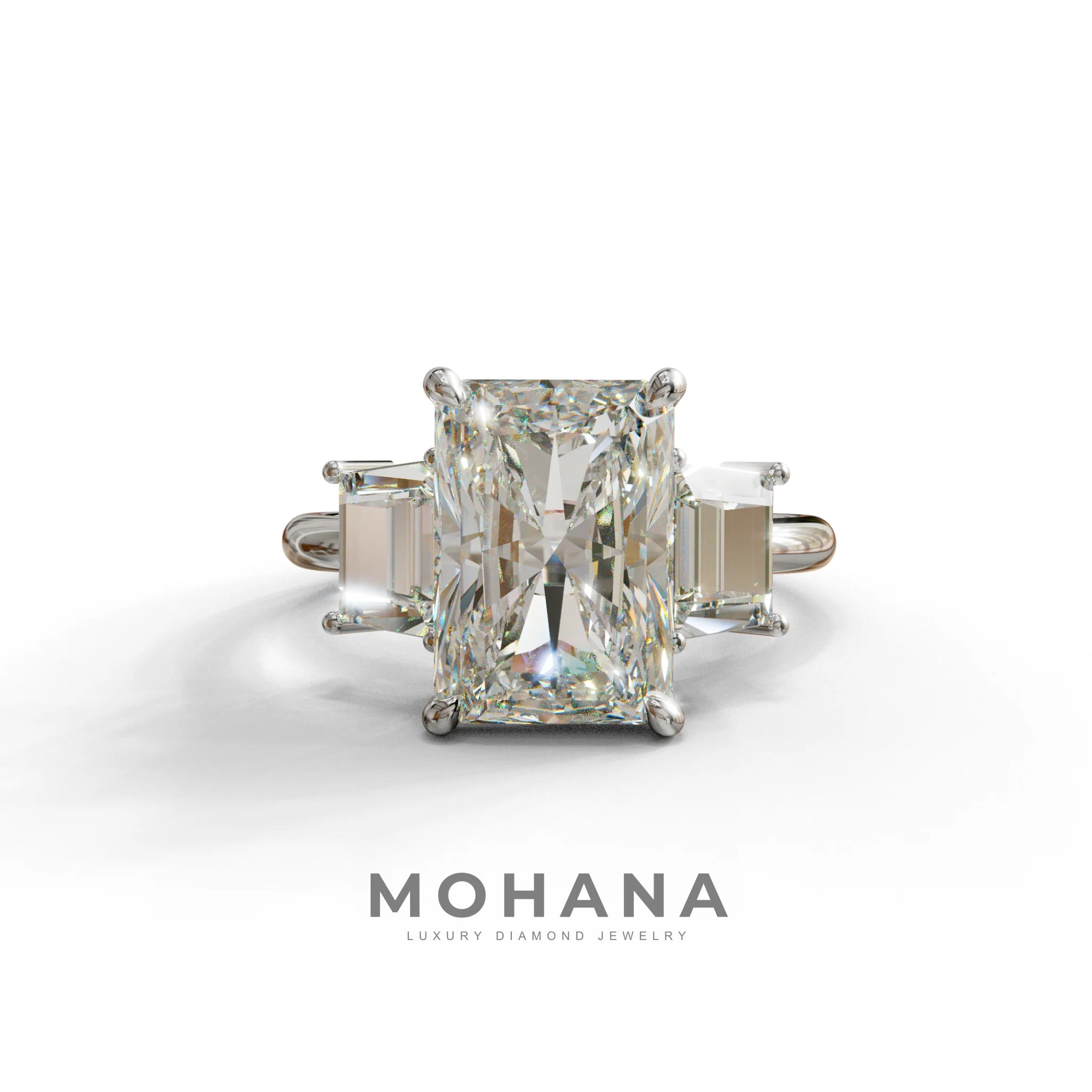 4 Carat Radiant & Trapezoid Three Stone Engagement Ring - Embrace - 10K Solid Gold / White Gold