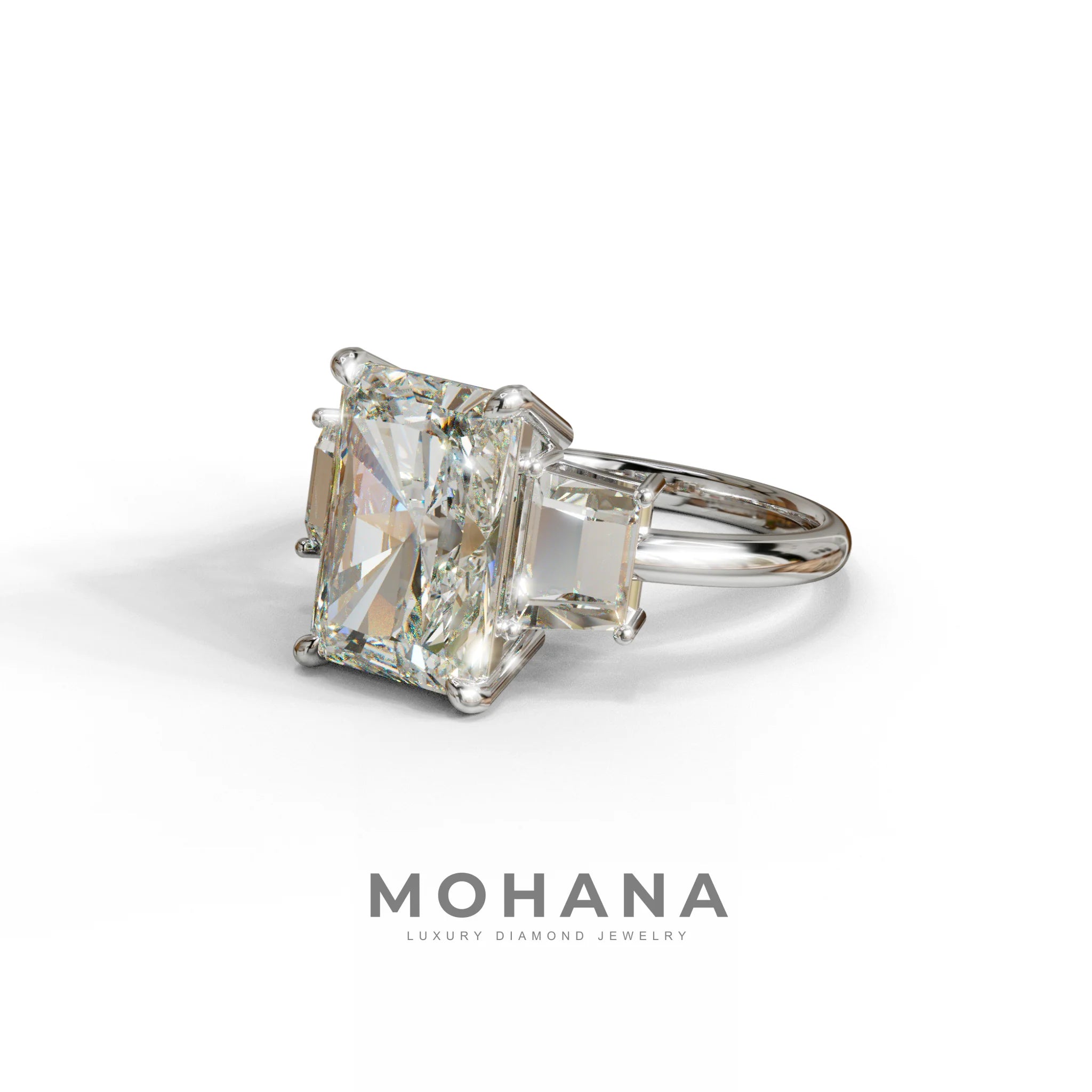 4 Carat Radiant & Trapezoid Three Stone Engagement Ring - Embrace