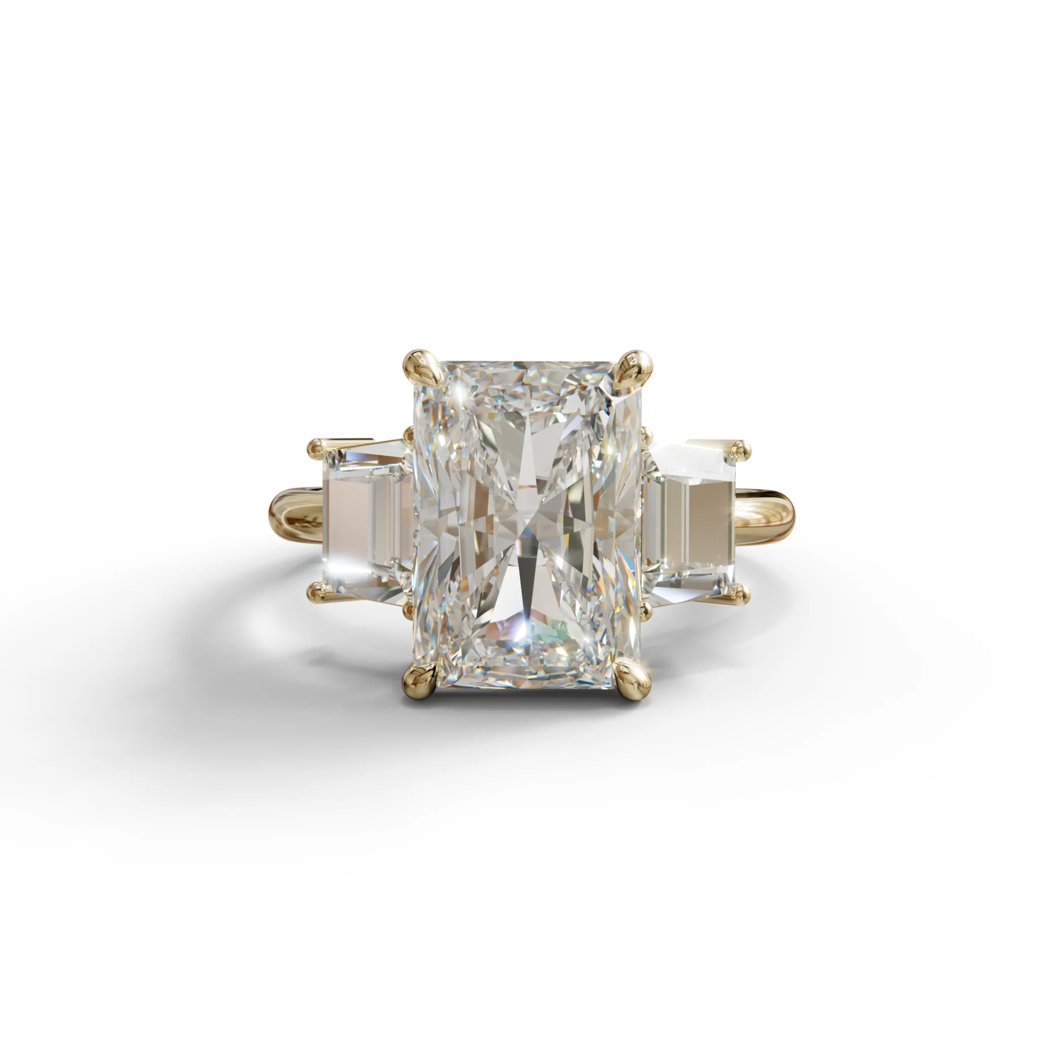 4 Carat Radiant & Trapezoid Three Stone Engagement Ring - Embrace - 10K Solid Gold / Yellow Gold