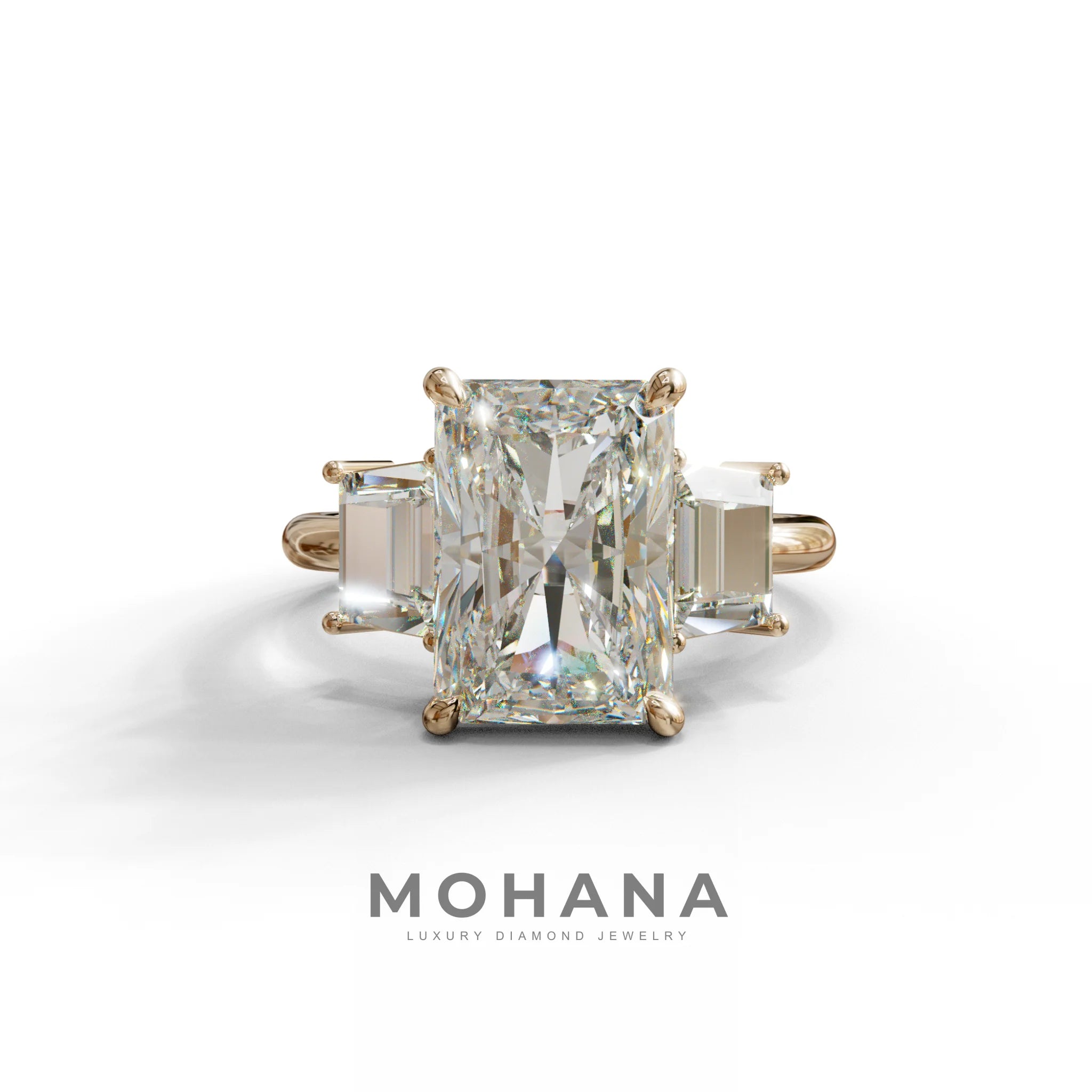 4 Carat Radiant & Trapezoid Three Stone Engagement Ring - Embrace - 10K Solid Gold / Rose Gold