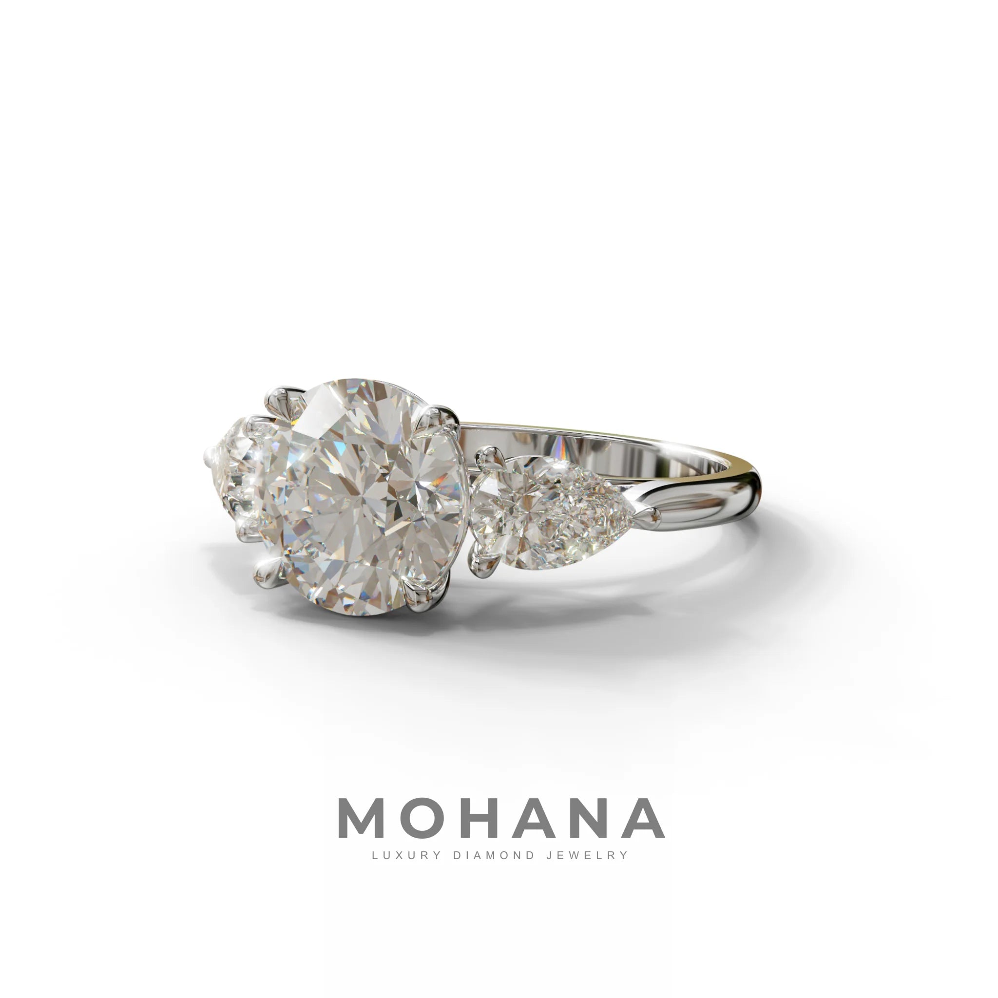 5 Carat E-VVS Round & Pear Cut Three Stone Lab Diamond Ring - Luminous