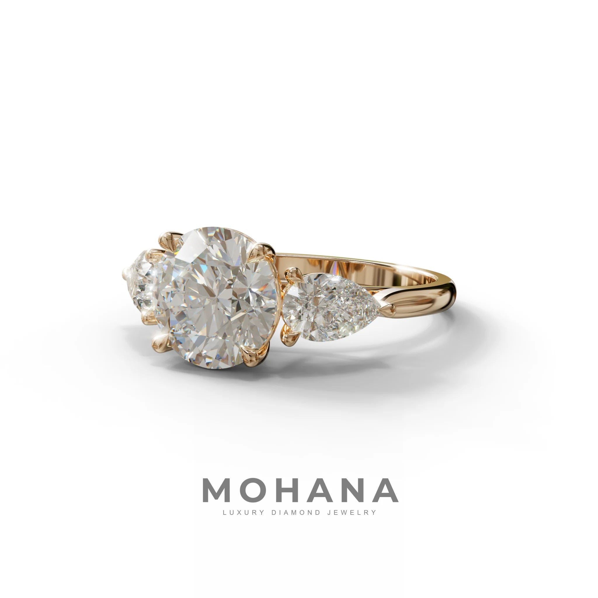 5 Carat E-VVS Round & Pear Cut Three Stone Lab Diamond Ring - Luminous