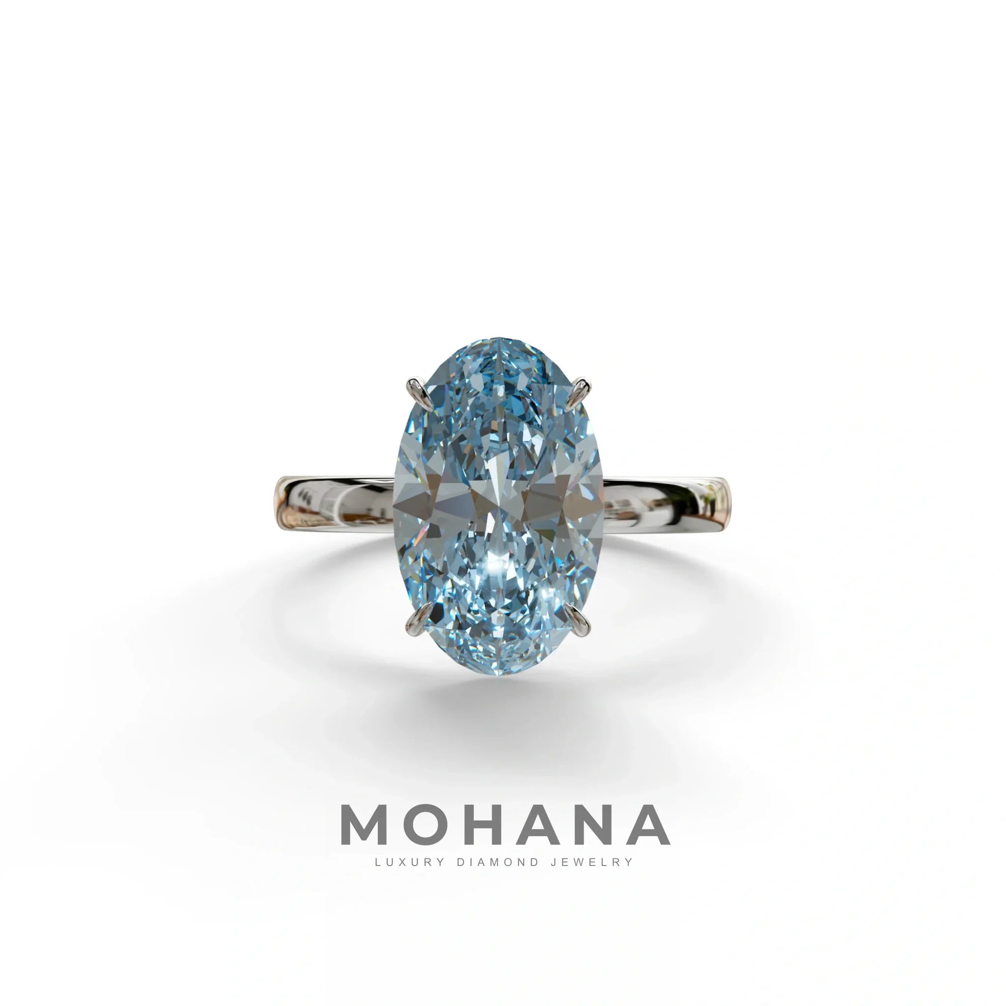 4 Carat Oval Fancy Vivid Blue Lab Grown Diamond Solitaire Engagement Ring - Cadris - 10K Solid Gold / White Gold
