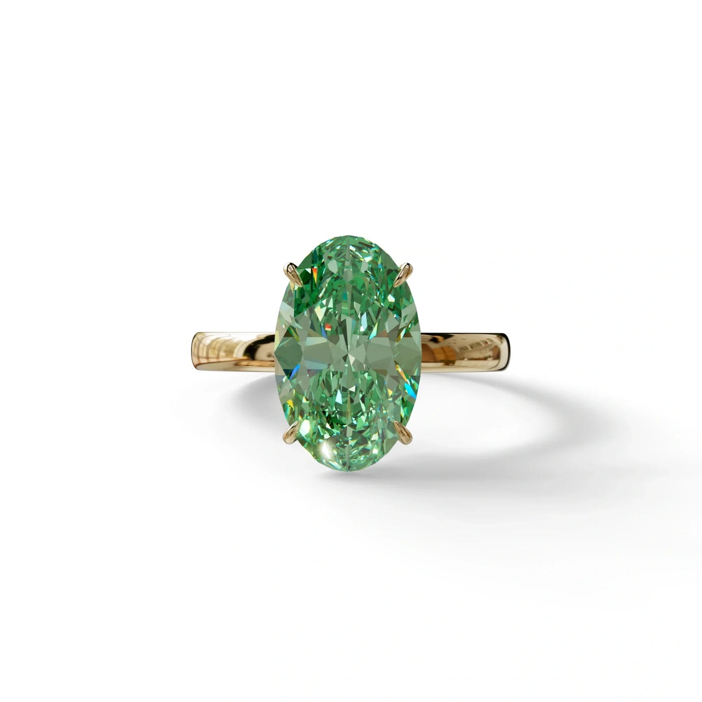 4 Carat Oval Green Lab Grown Diamond Solitaire Engagement Ring - Cadris - 10K Solid Gold / Yellow Gold