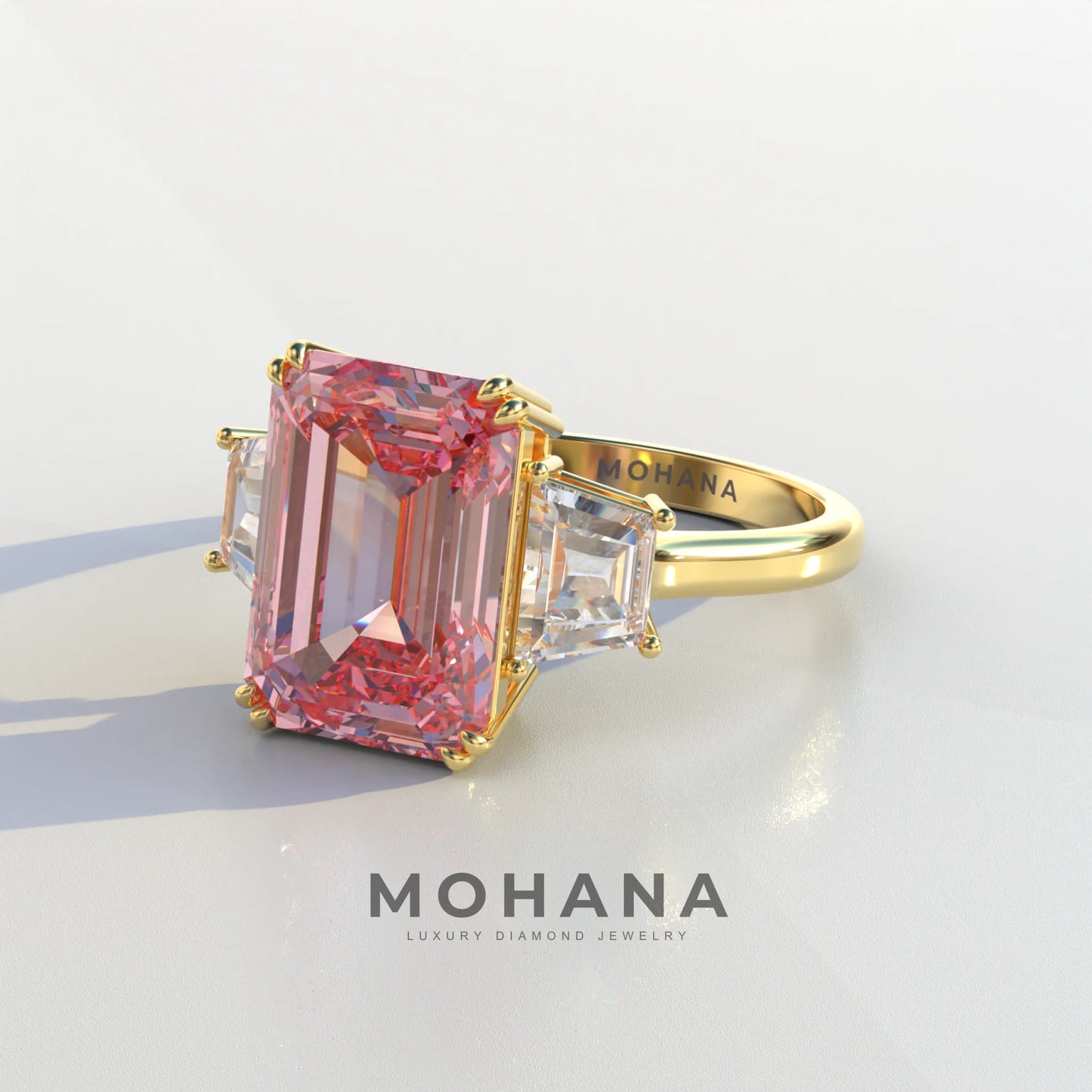 4 Carat Pink Emerald & Trapezoid Cut Lab Diamond Three Stone Engagement Ring - Marlene
