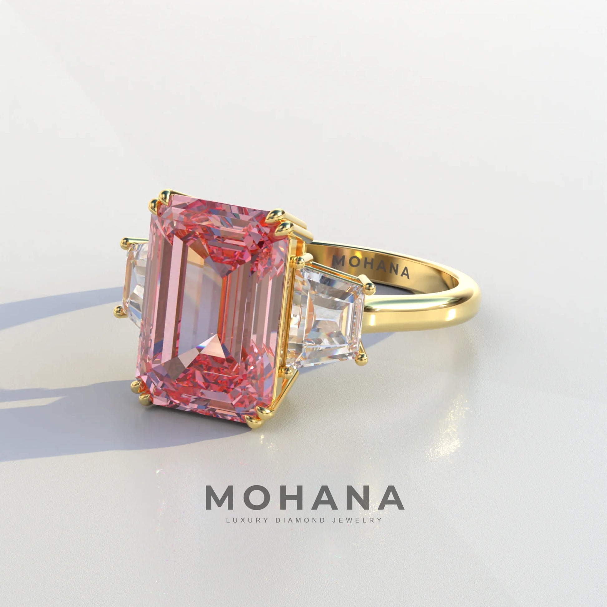 4 Carat Pink Emerald & Trapezoid Cut Lab Diamond Three Stone Engagement Ring - Marlene