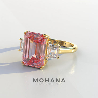 4 Carat Pink Emerald & Trapezoid Cut Lab Diamond Three Stone Engagement Ring - Marlene