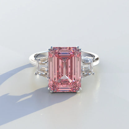 4 Carat Pink Emerald & Trapezoid Cut Lab Diamond Three Stone Engagement Ring - Marlene - 10K Solid Gold / White Gold