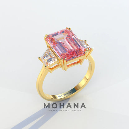 4 Carat Pink Emerald & Trapezoid Cut Lab Diamond Three Stone Engagement Ring - Marlene
