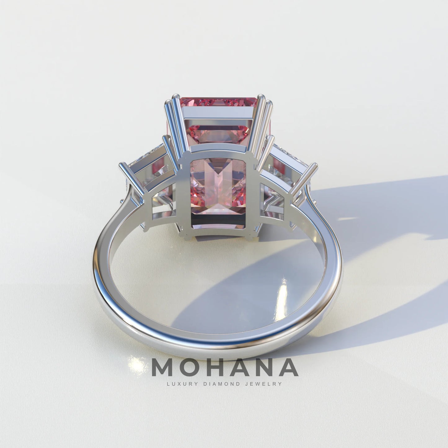 4 Carat Pink Emerald & Trapezoid Cut Lab Diamond Three Stone Engagement Ring - Marlene