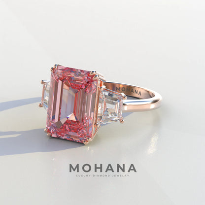 4 Carat Pink Emerald & Trapezoid Cut Lab Diamond Three Stone Engagement Ring - Marlene