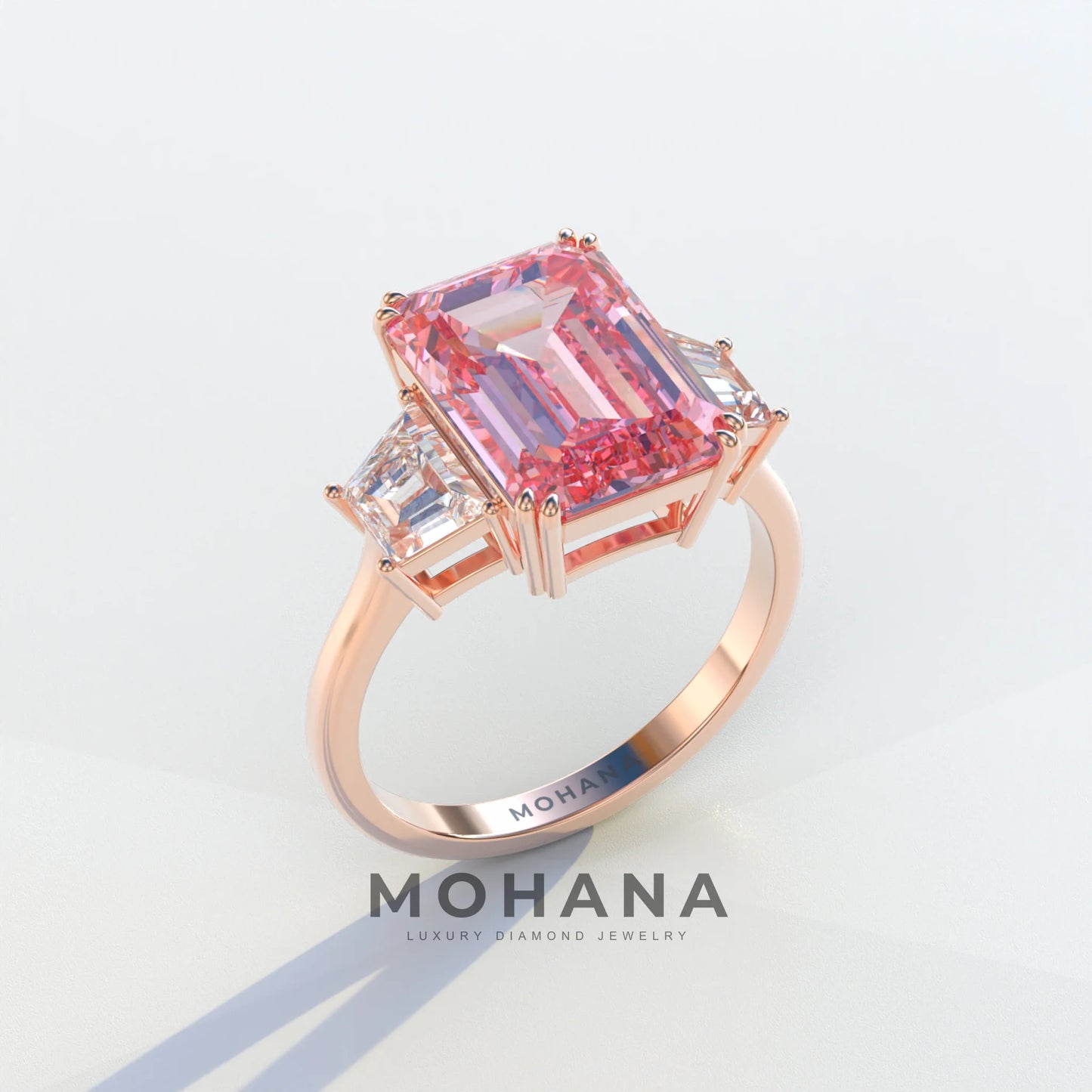 4 Carat Pink Emerald & Trapezoid Cut Lab Diamond Three Stone Engagement Ring - Marlene