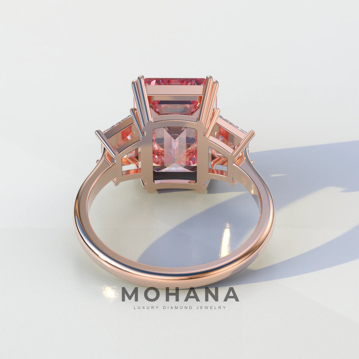 4 Carat Pink Emerald & Trapezoid Cut Lab Diamond Three Stone Engagement Ring - Marlene